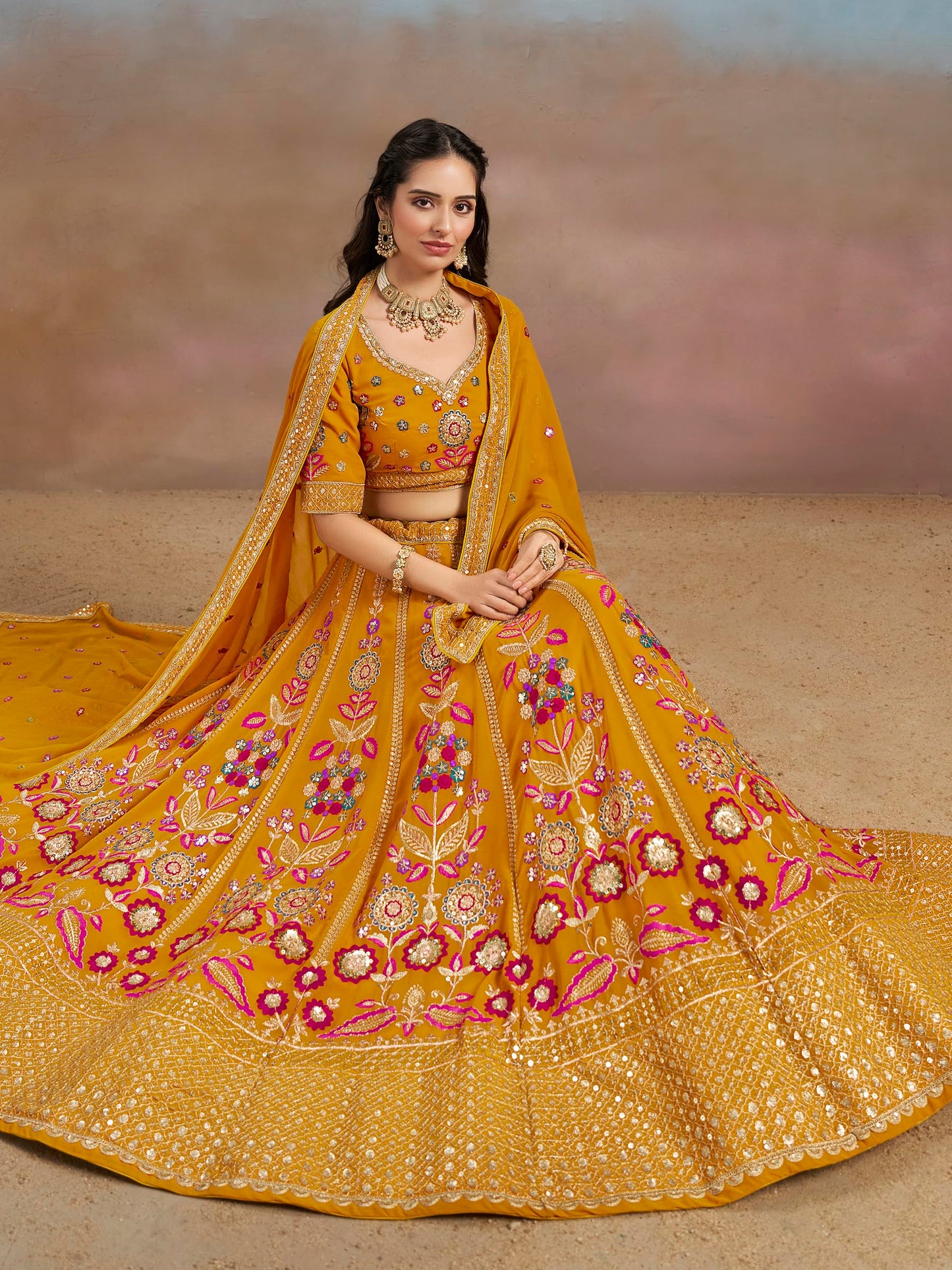 Zeel Clothing Women's Sequins Thread Embroidered Georgette Lehenga Choli With Dupatta (6008-Yellow-Women-Lehenga-Choli-New; Free Size)(Yellow)
