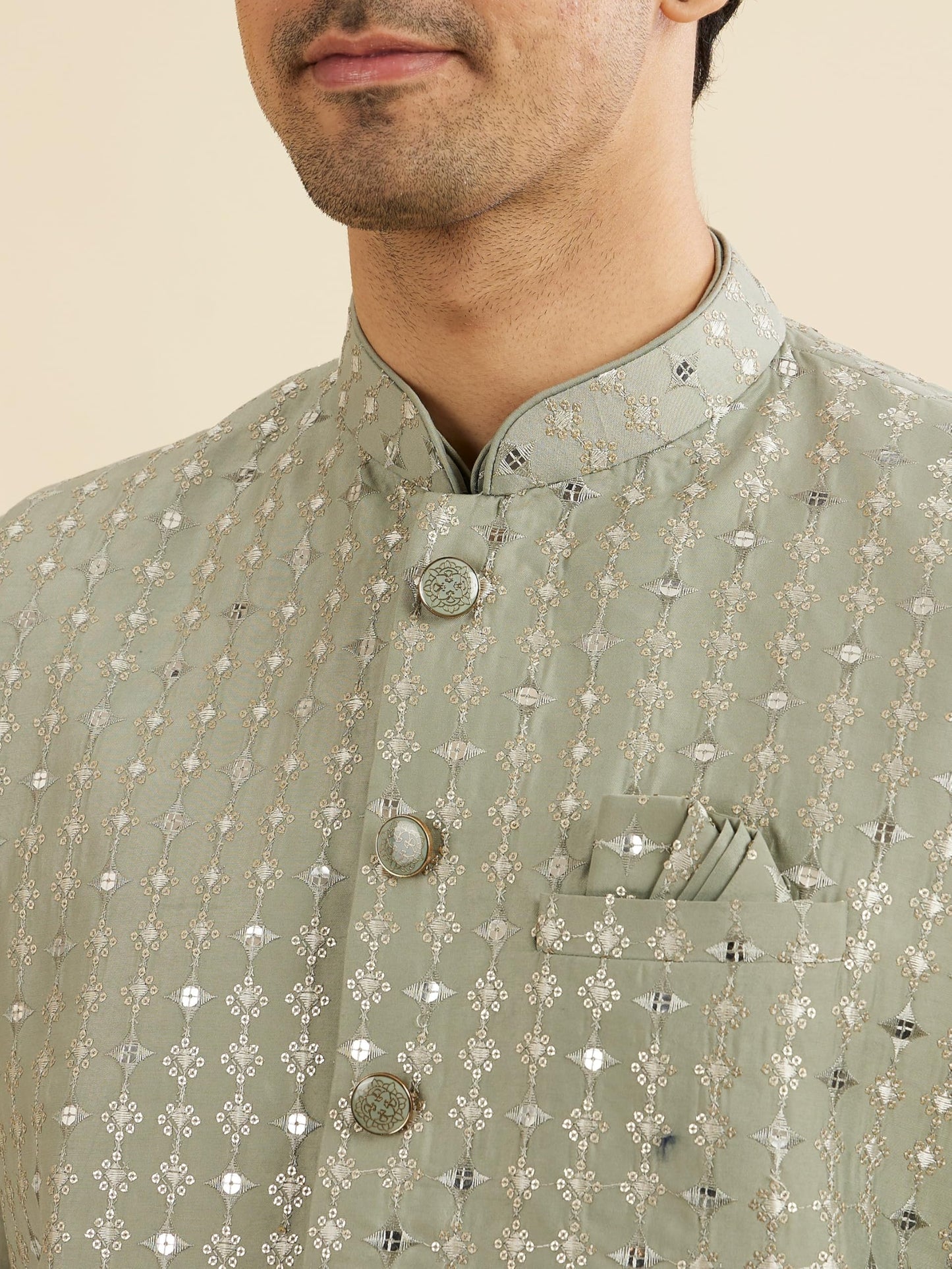 Manyavar Men's Art Silk Embroidery|Sequin Work Kurta Jacket Set (Light Mid Green,S)