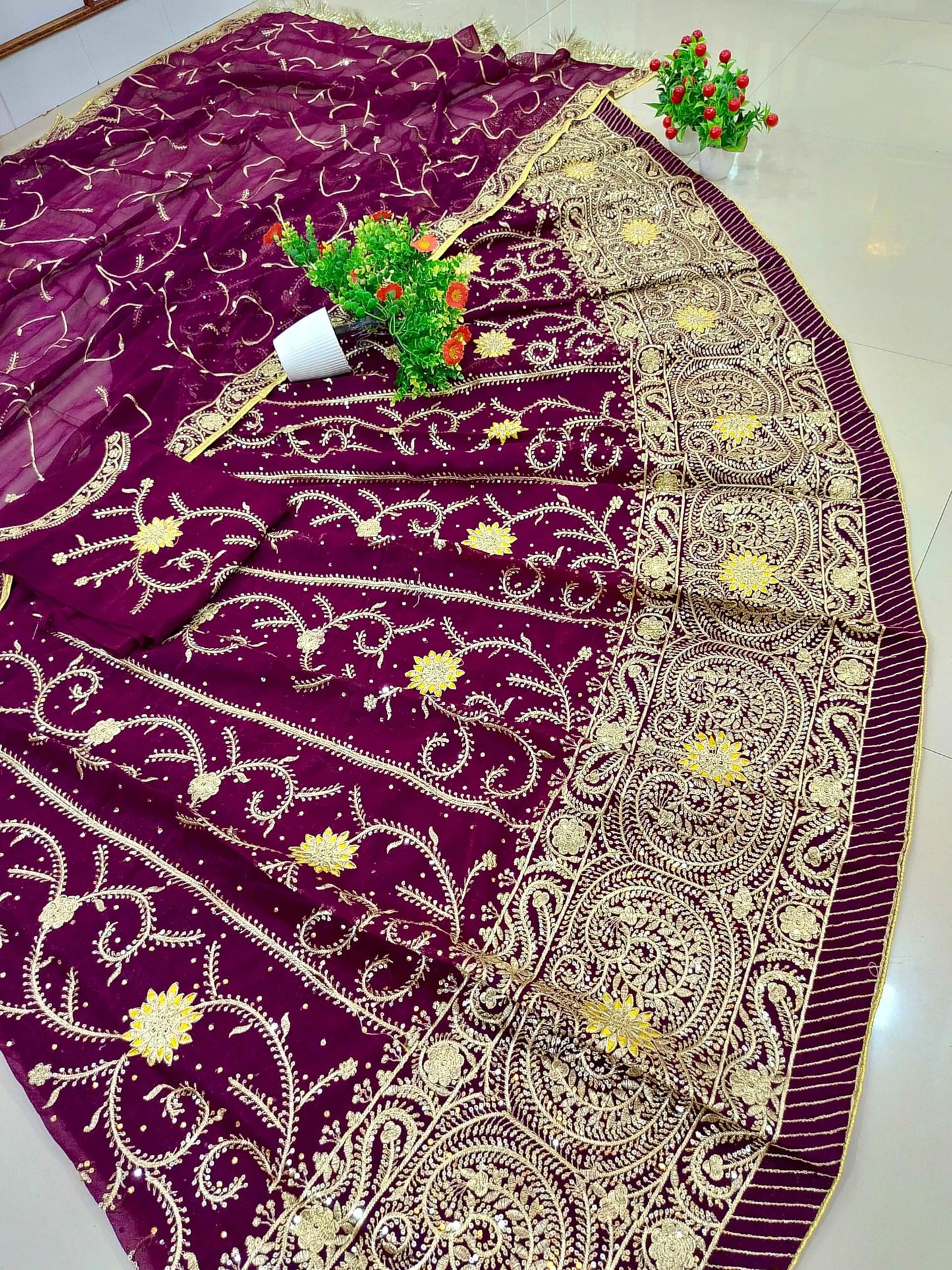SHYAMLATA Fancy Heavy Embroidery And Sequins Work Shimmer Silk Semi-stitched Rajasthani Poshak || Rajputi Lehenga Choli For Women || Lehenga choli for women (Purple)