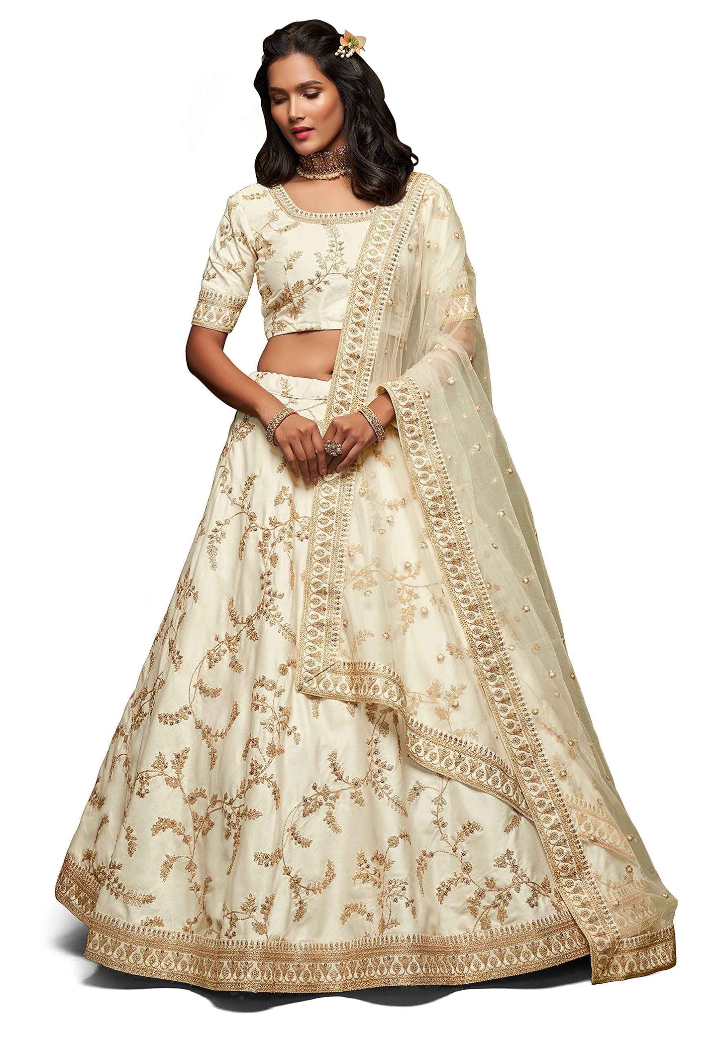 Zeel Clothing Women's Art Silk Semi-Stitched Lehenga Choli with Dupatta (7808-Cream-Wedding-Bridal-Latest-Lehenga; Free Size) (Cream)