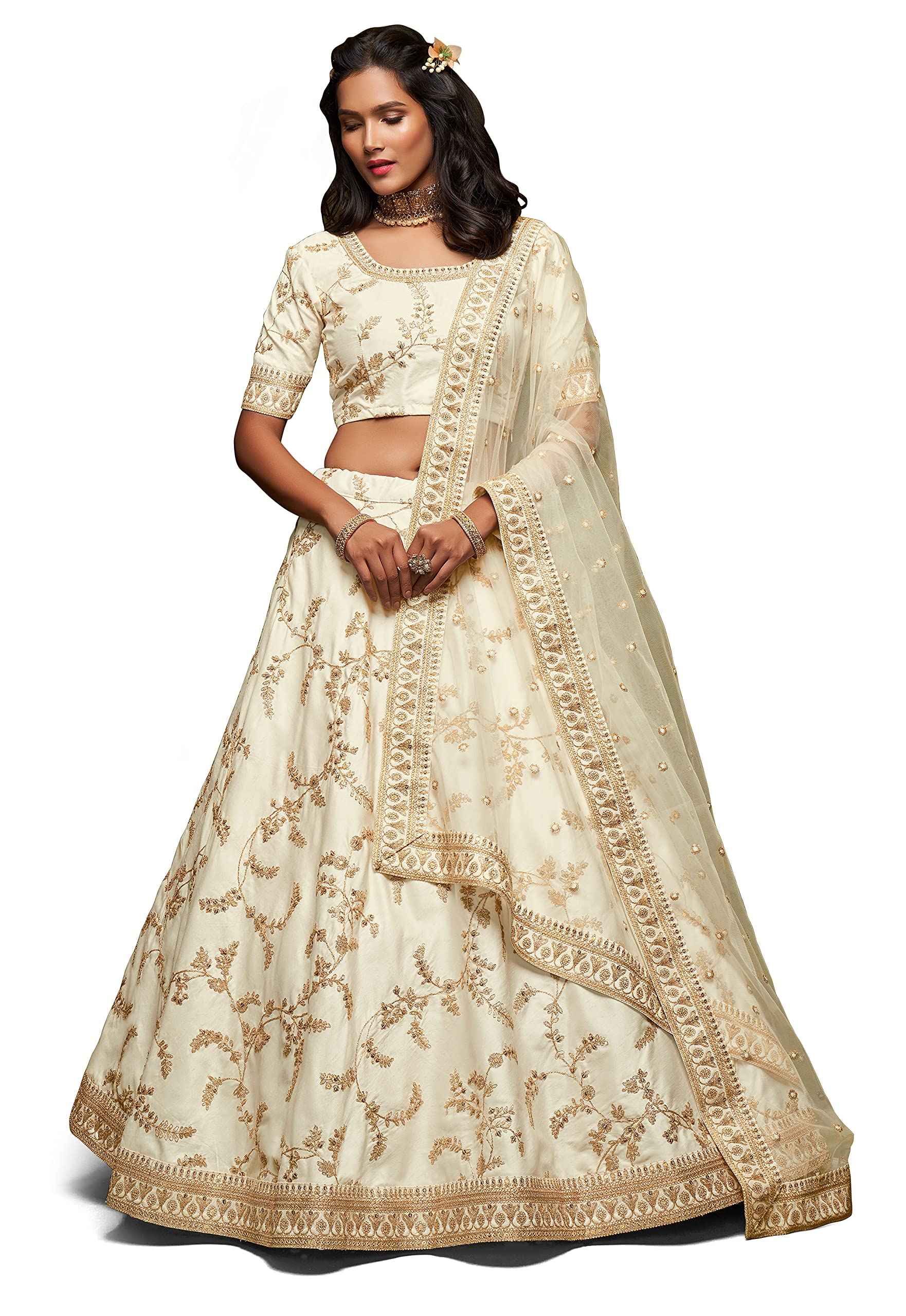 Zeel Clothing Women's Art Silk Semi-Stitched Lehenga Choli with Dupatta (7808-Cream-Wedding-Bridal-Latest-Lehenga; Free Size) (Cream)