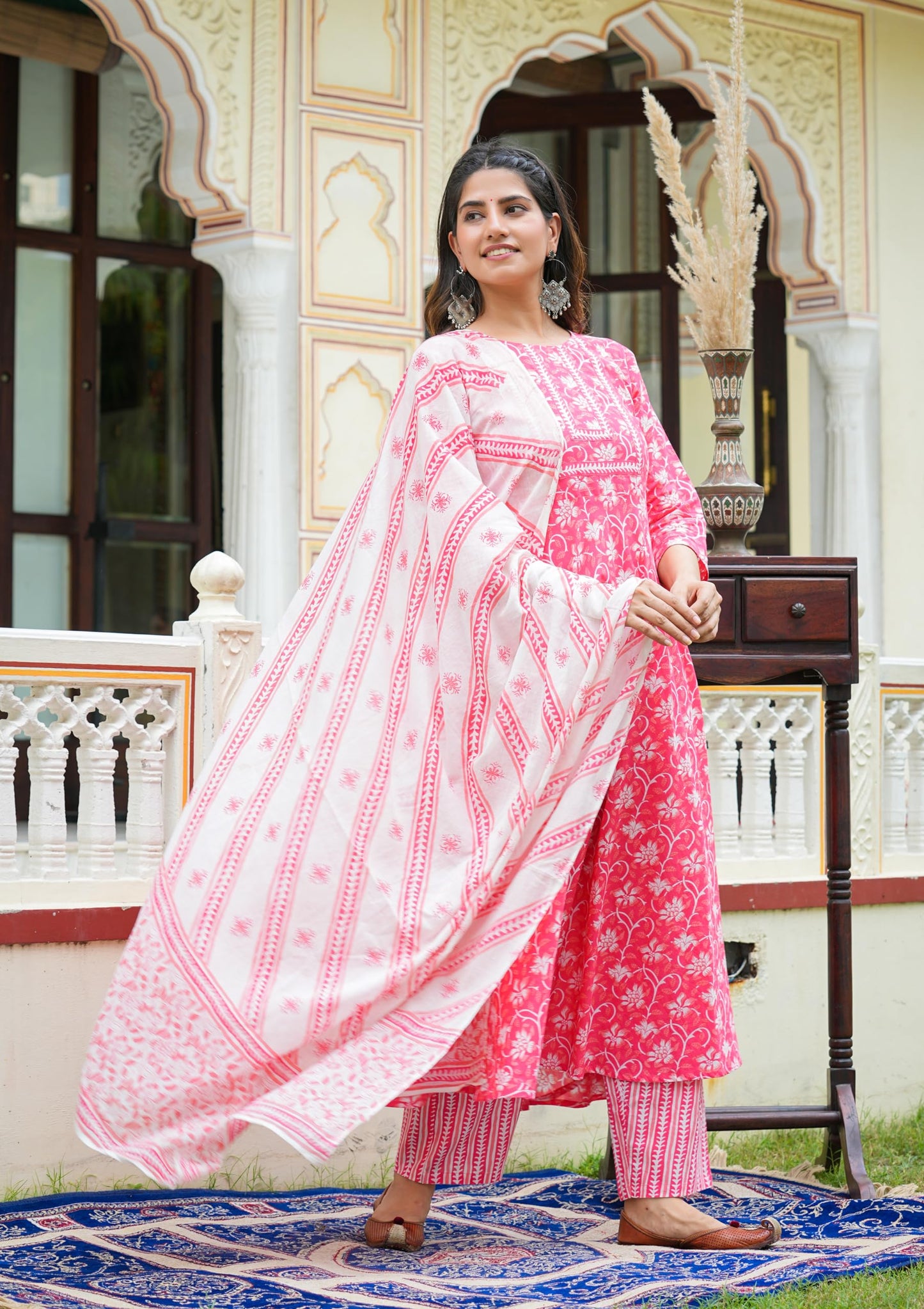 Yash Gallery Women's Cotton Floral Printed Anarkali Kurta with Pants & Dupatta Set (5XL, Pink)
