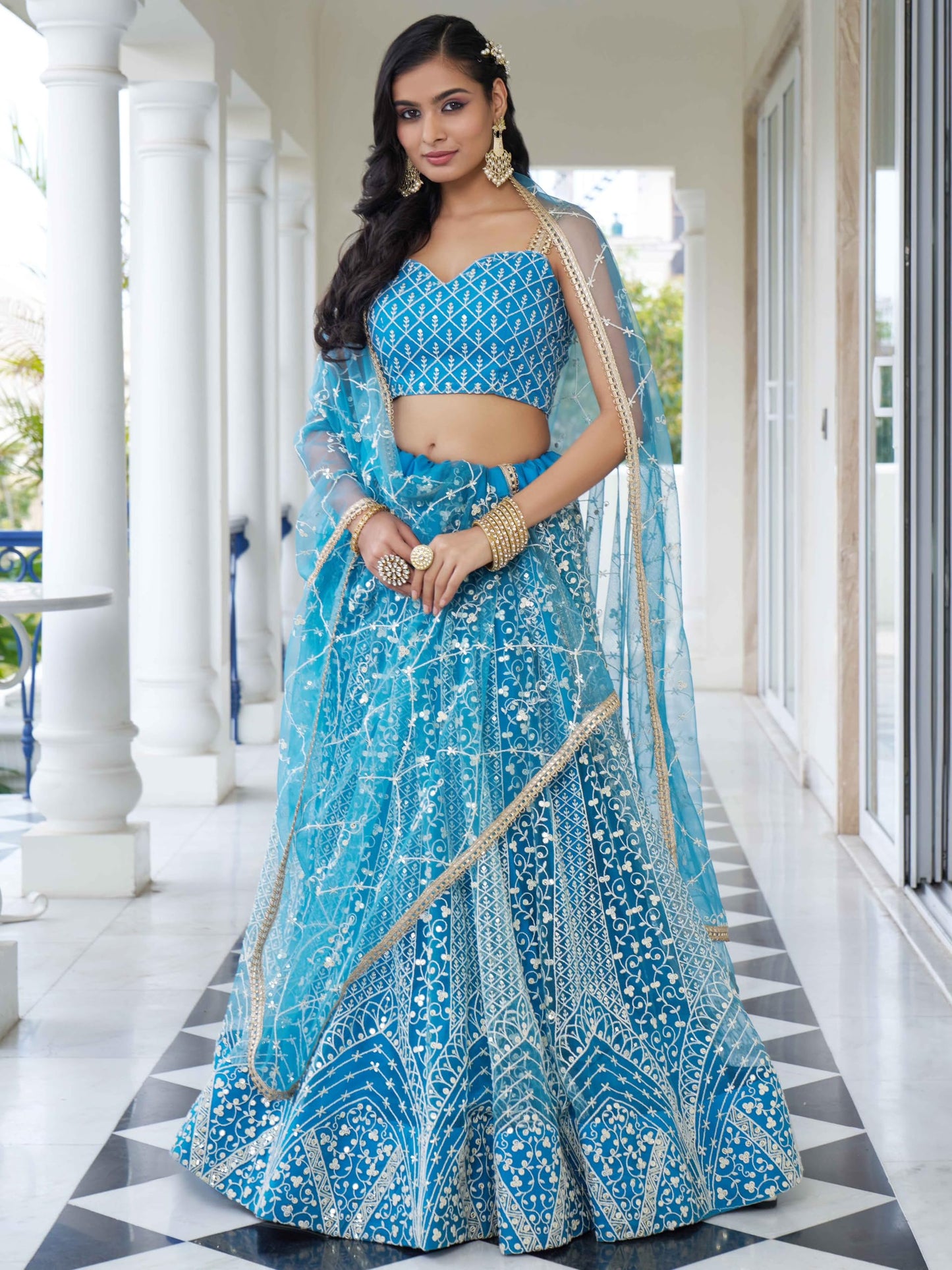 Zeel Clothing Women's Cotton Thread Sequins Work Embroidery Soft Net Semi-Stitched Lehenga Choli Set With Dupatta (2137-Skyblue-Wedding-Women-Lehenga-Choli-Latest; Free Size)