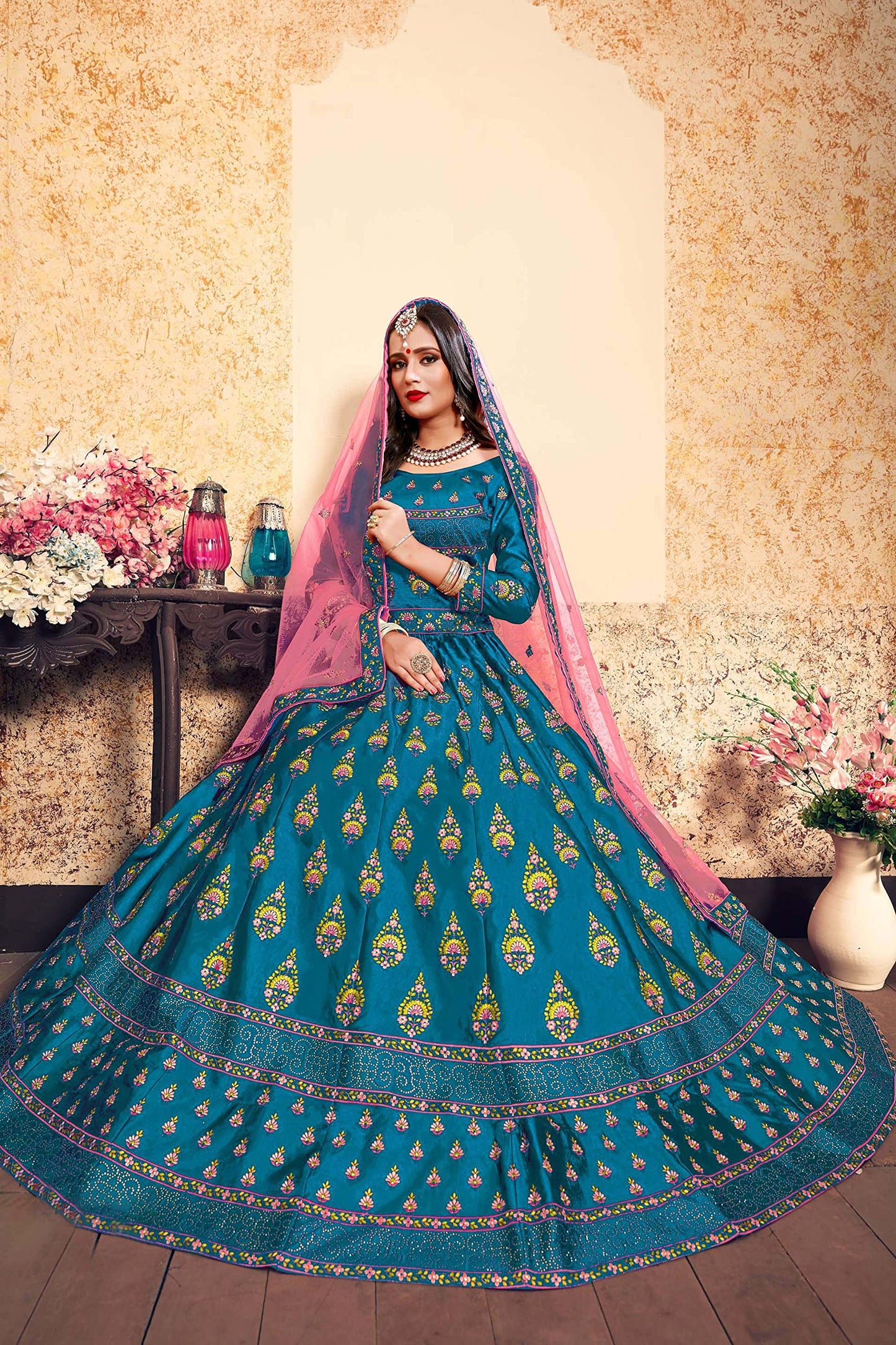 FUSIONIC Stylish Sky blue Satin base Lehenga Choli For Women