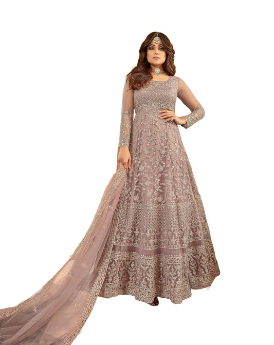 Divine International Trading Co Women's Net With Heavy Embroidered Fabric Work Long Anarkali Gown Salwar Suit Dupatta (Unstitched_SanjanaO-8397-Purple), Customizable Length