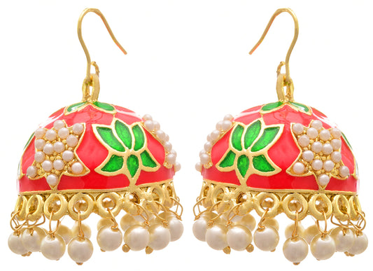 JFL - Jewellery for Less One Gram Gold Plated Pearl Hot Pink & Green Meenakari Designer Jhumki Earring for women,Valentine