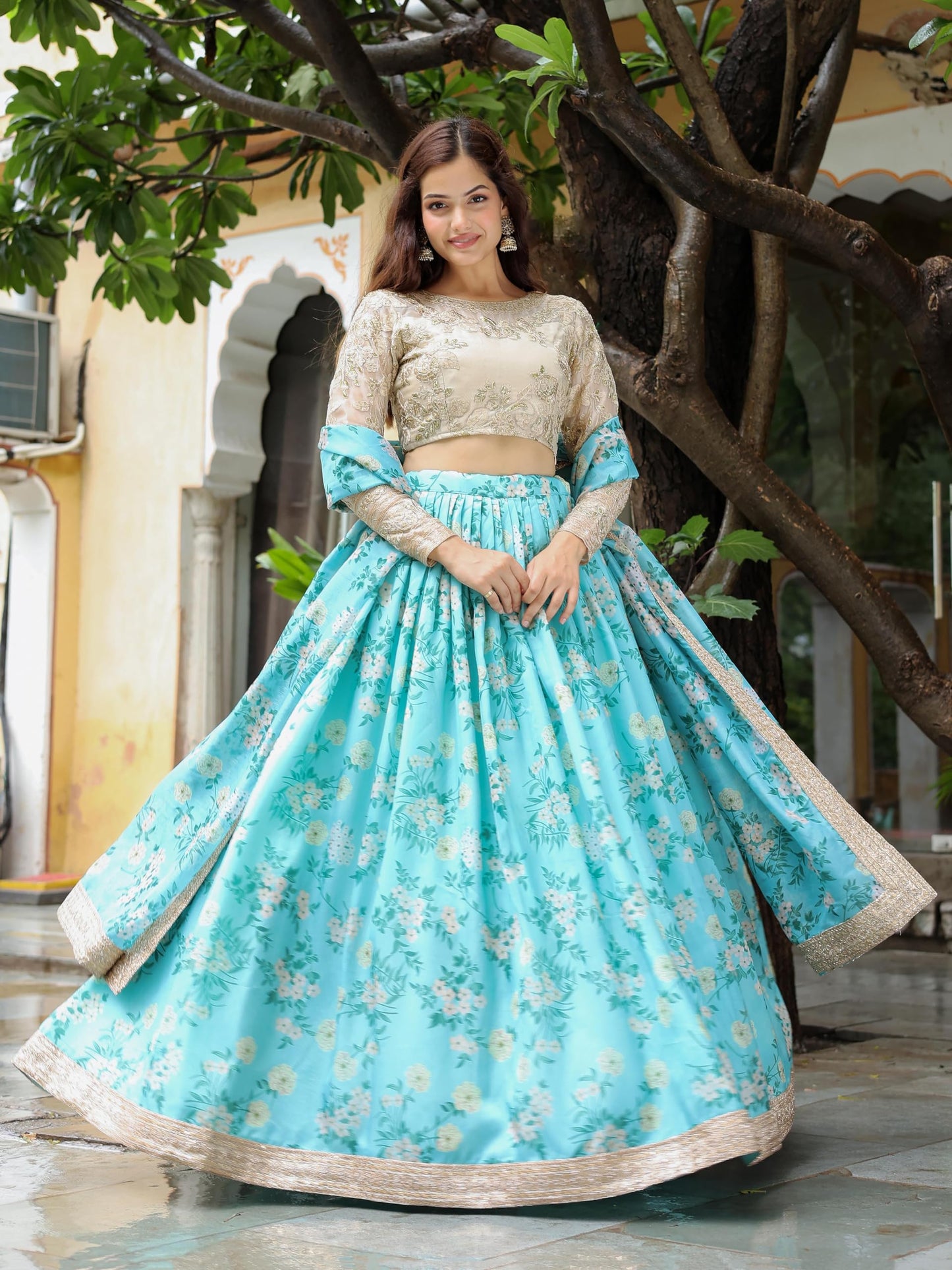 Zeel Clothing Women's Digital Print & Dori, Zari, and Sequins Embroidery Work Organza Lehenga Choli With Dupatta (7606-SkyBlue-Wedding-Women-Lehenga-Choli, Free Size) (SkyBlue)