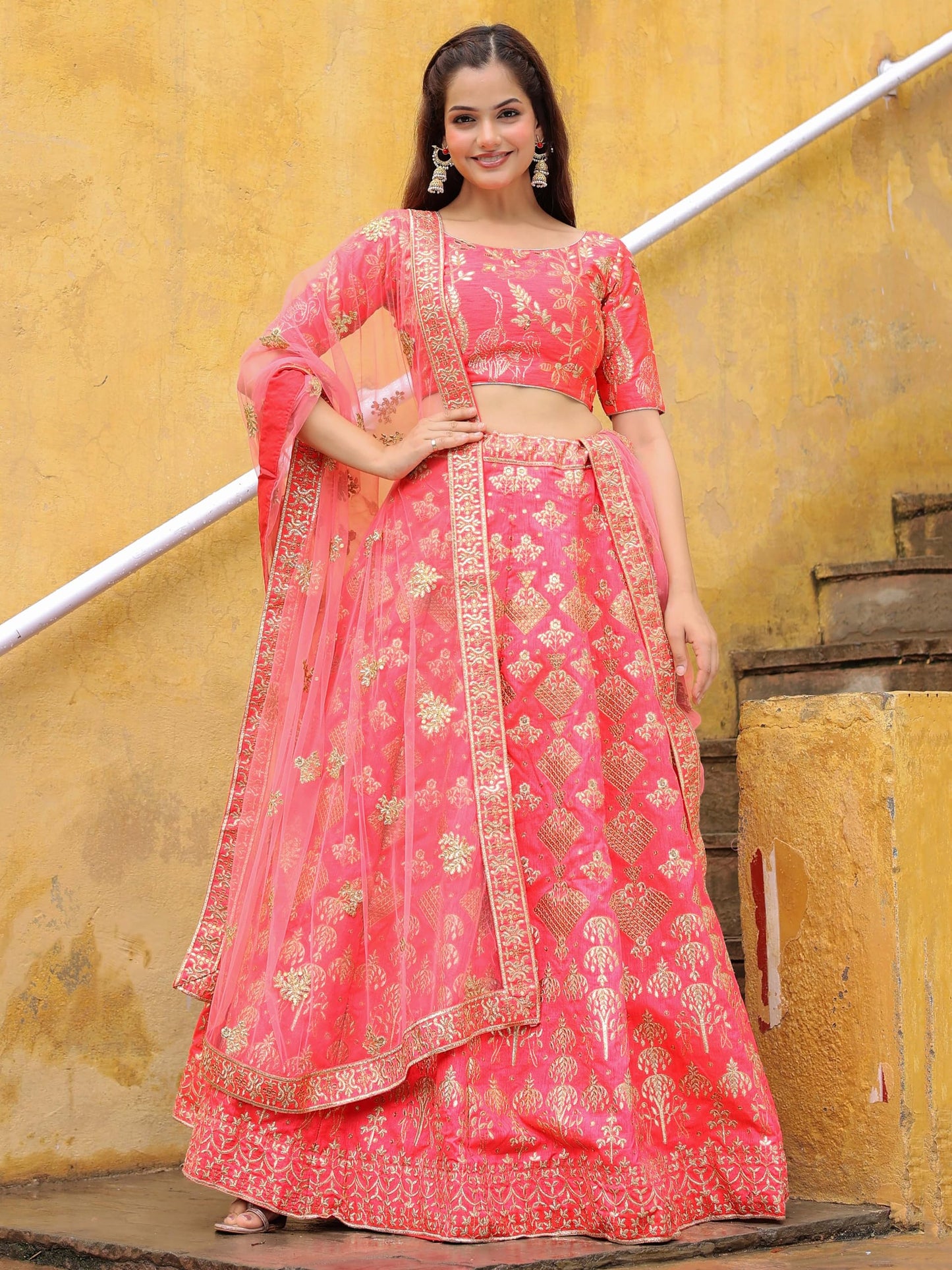 Zeel Clothing Women's Sequins Thread Embroidery Silk Wedding Latest Readymade Lehenga Choli With Dupatta (7055-Peach-Wedding-Lehenga-Choli-Latest; Free Size) (Peach)