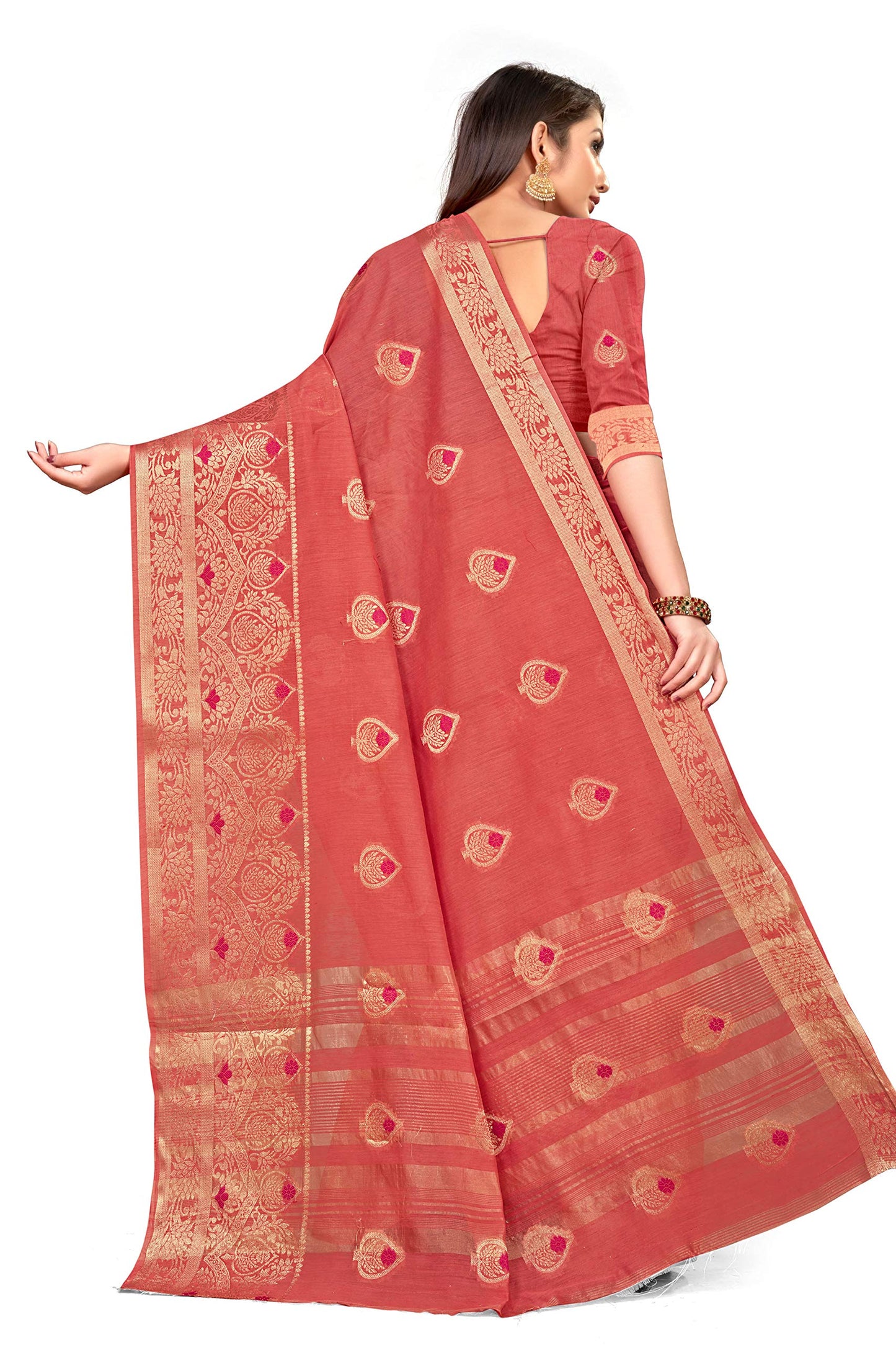leeza store Women's Pink Cotton Linen Zari Butta Banarasi Saree With Unstitched Blouse Piece