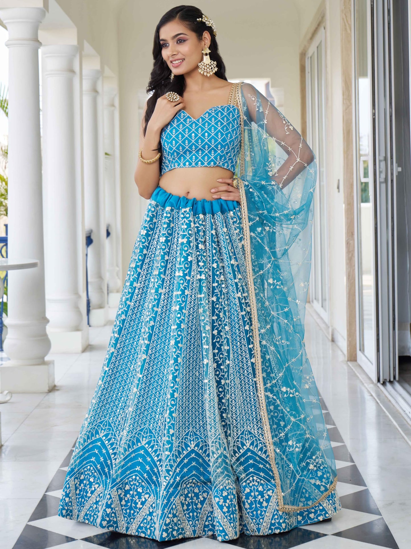 Zeel Clothing Women's Cotton Thread Sequins Work Embroidery Soft Net Semi-Stitched Lehenga Choli Set With Dupatta (2137-Skyblue-Wedding-Women-Lehenga-Choli-Latest; Free Size)