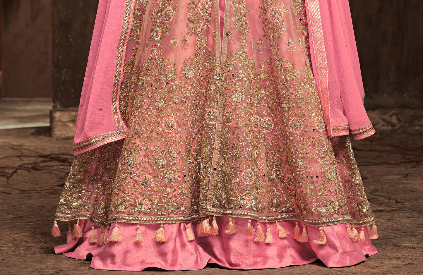 RUDRAPRAYAG Women's Net and Santoon Anarkali Floor Length Gown (5407; Gajjari; Free Size) Pink