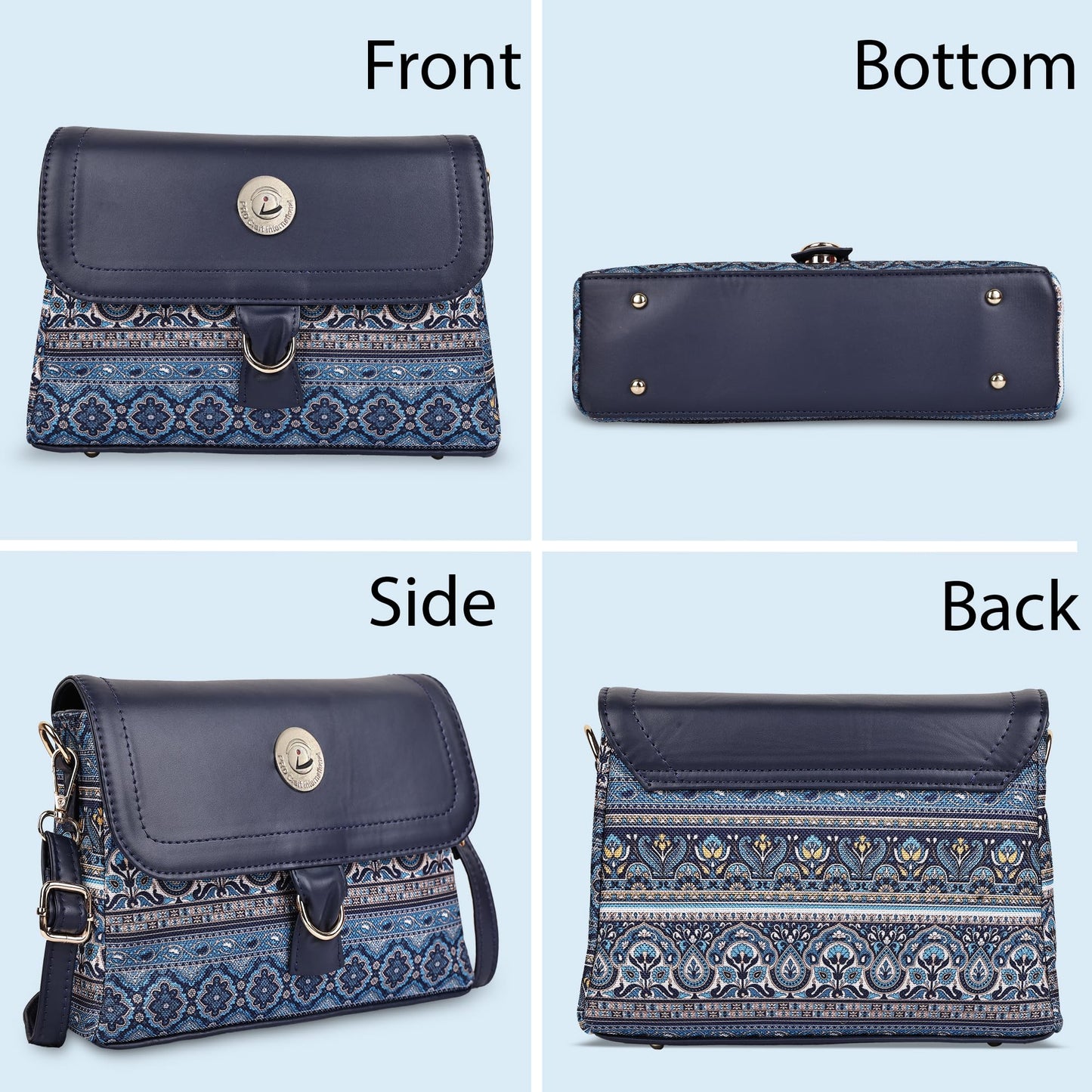 PRD Craft Boho Printed Sling Bag for Women | Jute Crossbody Shoulder Purse with Flap Lock, Zip Closure & Adjustable Strap (Blue, Small)