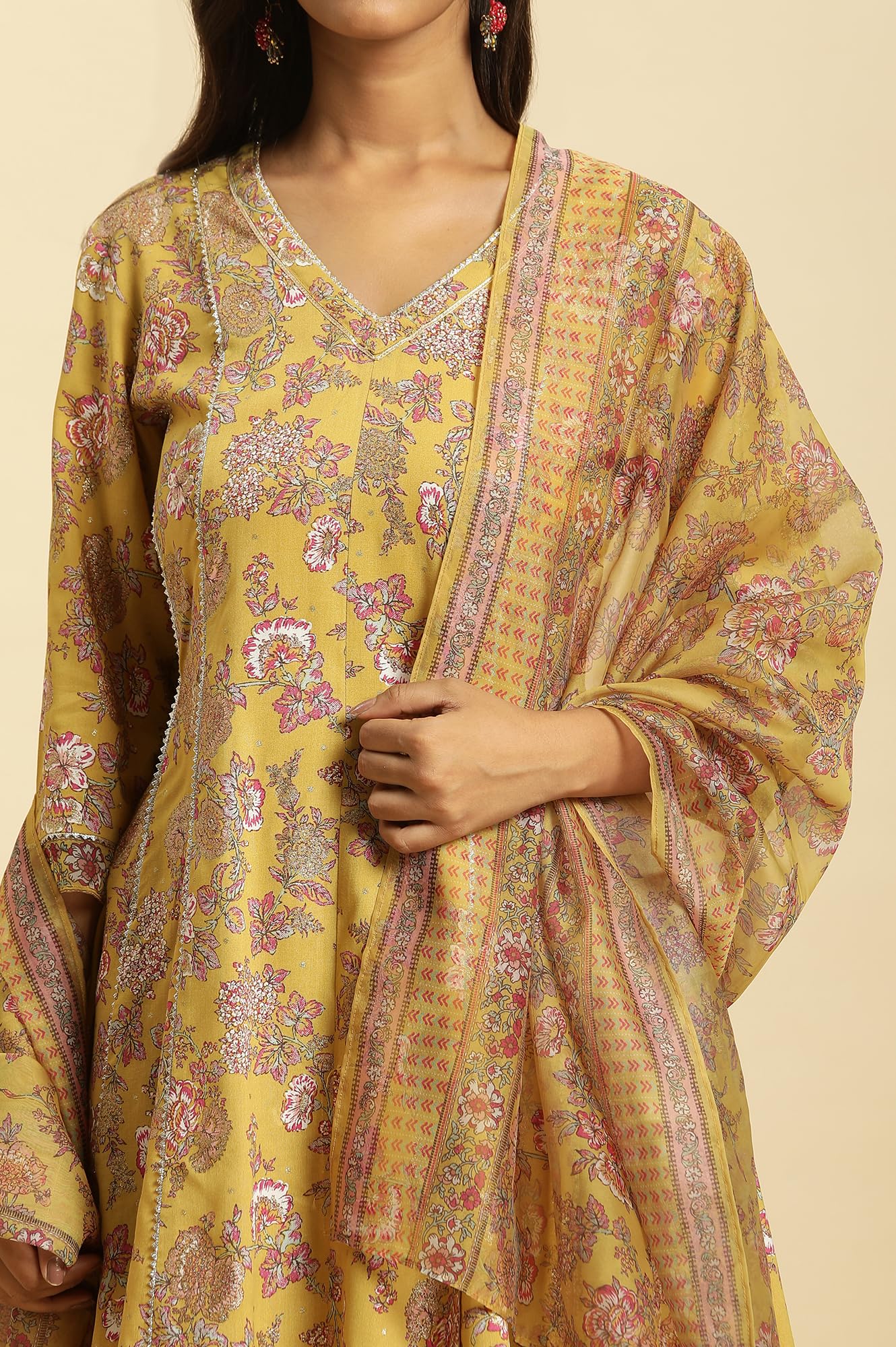 W for Woman Yellow Floral Printed Short Flared Kurta, Sharara and Dupatta Set_24AUWS19717-121051_2XL