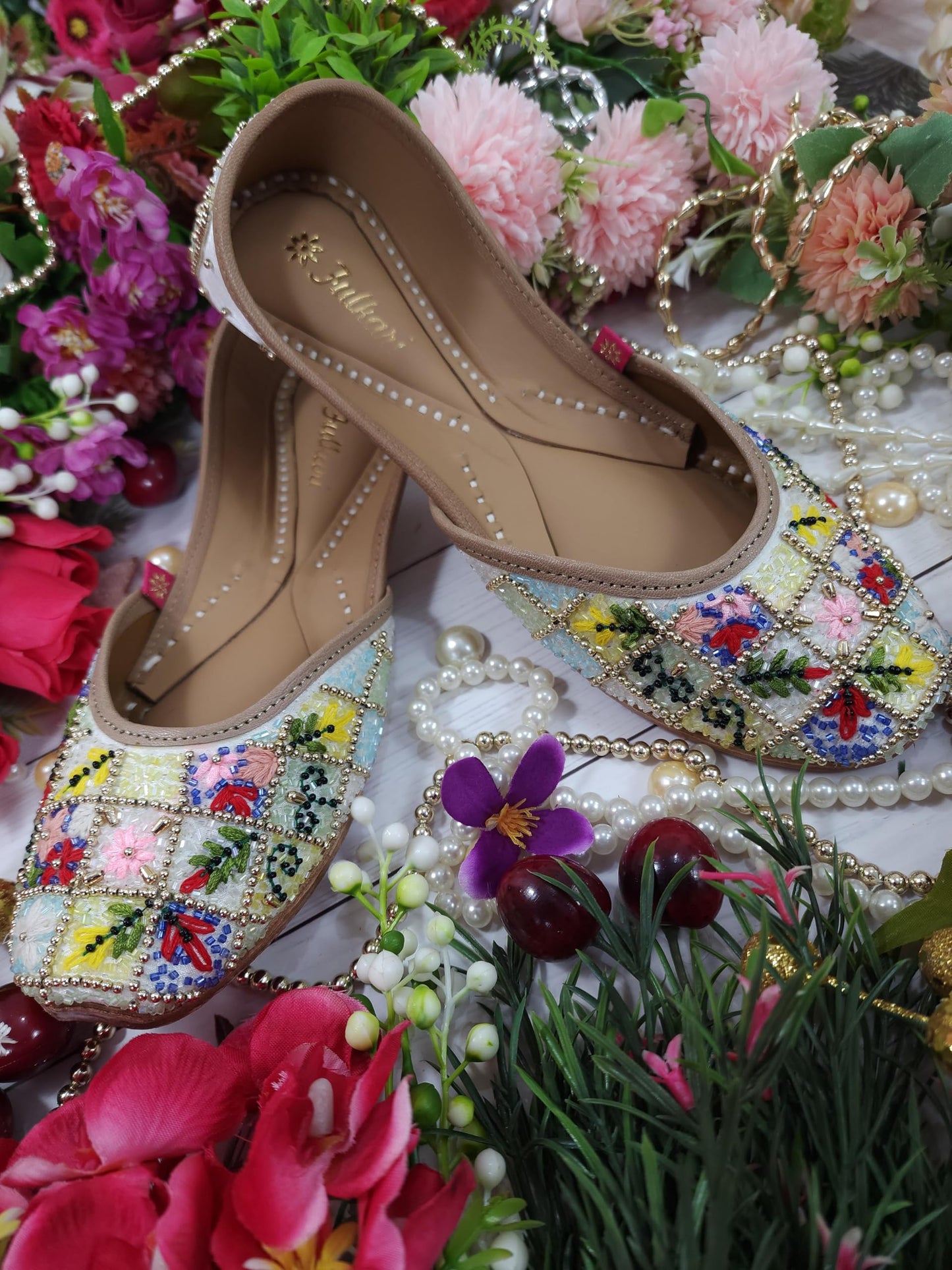 Fulkari Women Paradise Gold Multi Formal Genuine Soft Leather Jutis | Bite and Pinch Free Juttis | Punjabi Jutti | Girl's Wedding Flat Ladies Mojari Ethnic Juti |