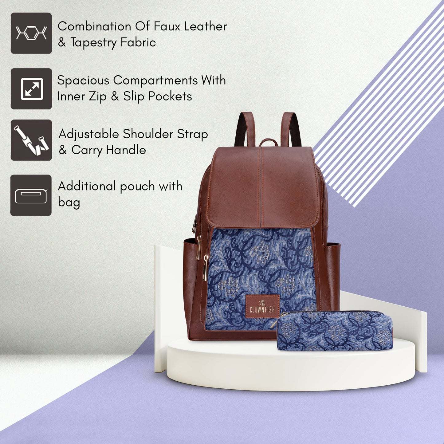 THE CLOWNFISH Combo Of Minerva Faux Leather & Tapestry Women's Backpack College School Girls Bag Casual Travel Backpack For Ladies & Expert Series Pencil Pouch Pen Case (Blue-Floral), 10 Litres