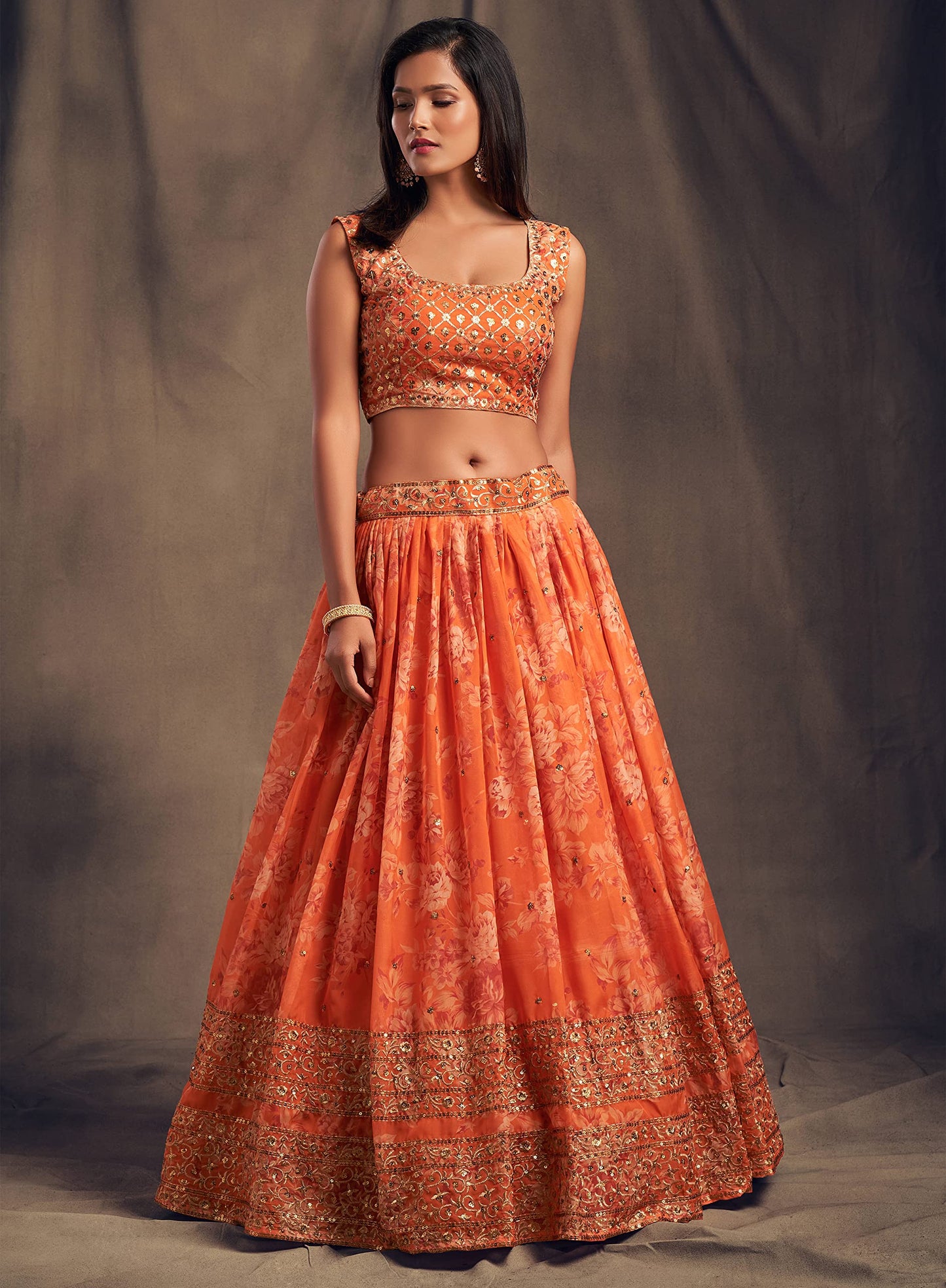 Zeel Clothing Women's Organza Floral White Semi-Stitched Lehenga Choli (7612-Orange-Wedding-Floral-Lehenga-New, Orange)