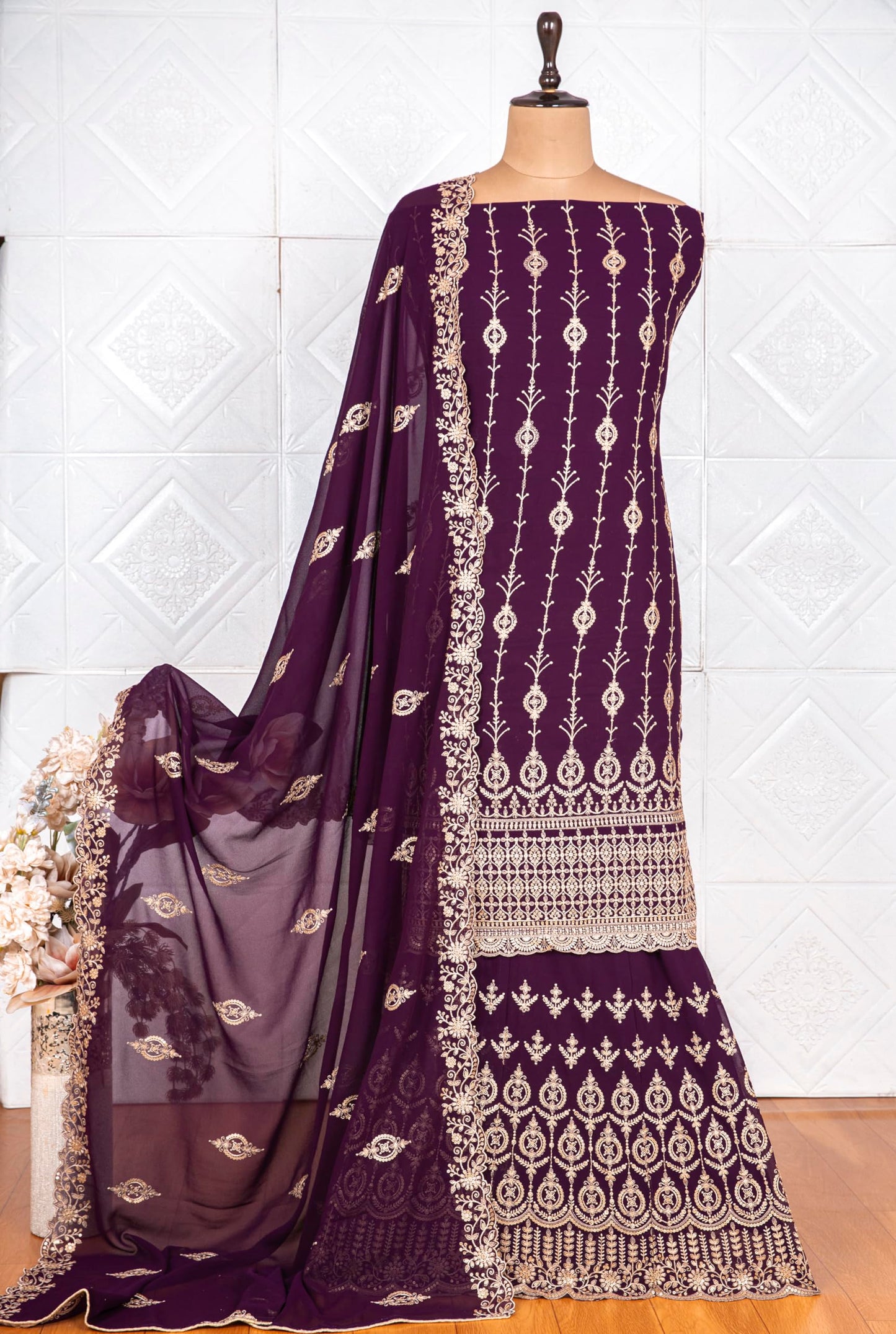 VUBA Women's Faux Georgette Embroidered Sequence Work Semi Stitched Top With Stitched georgette Sharara with Heavy Dupatta Straight Kurta Dress Material sharara suit set (VUBA-785, Purple)