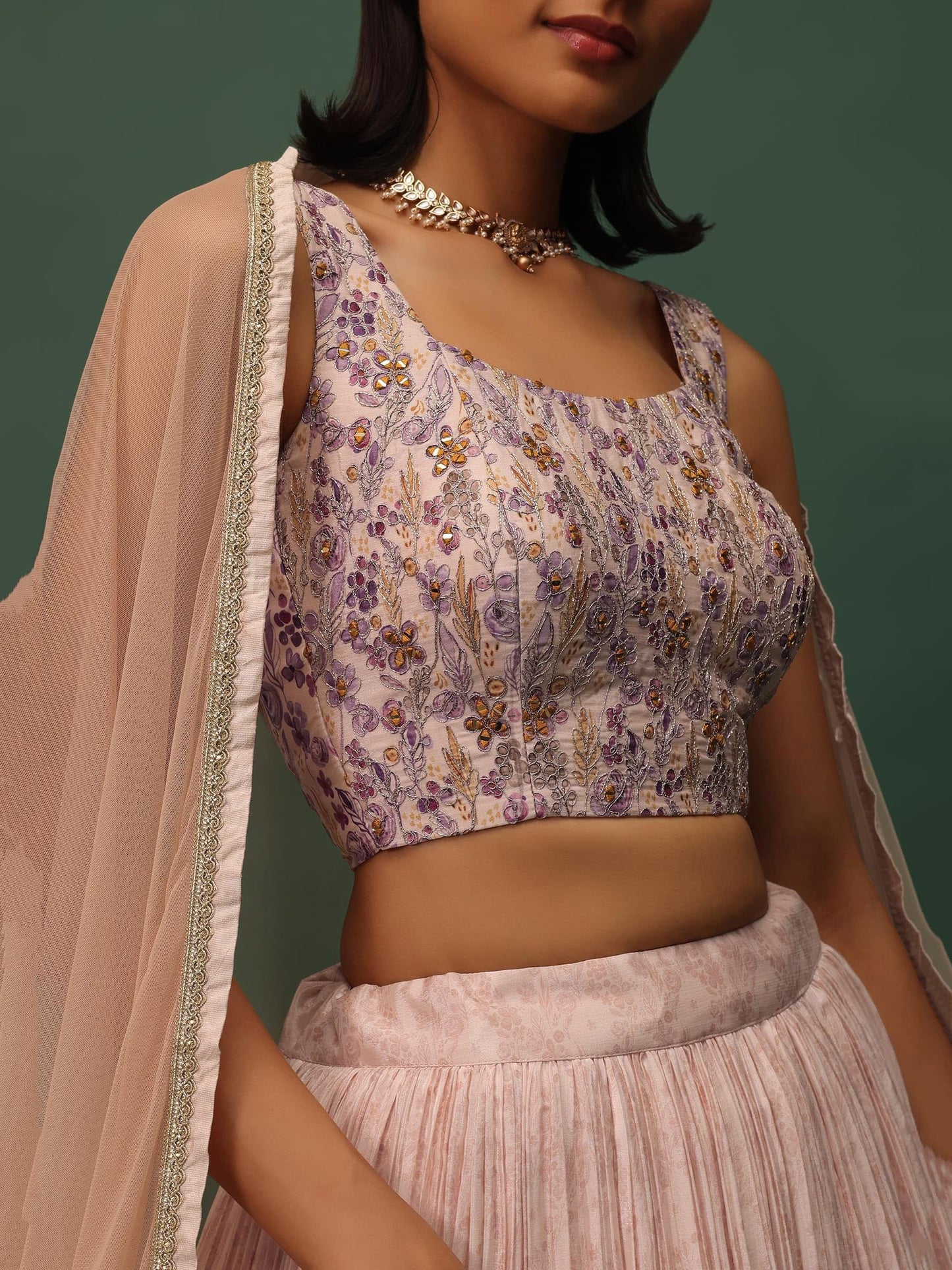 Zeel Clothing Womens Georgette Semi-stitched Digital Print Mirror Hand Work Lehenga Choli with Dupatta (5100-Beige-Wedding-Stylish-Lehenga-Choli; Free Size)