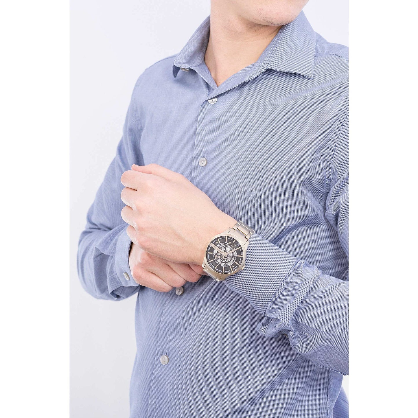 Armani Exchange Men's Automatic Three-Hand, Stainless Steel Watch, 46mm case Size, Gold, 46mm, Bracelet, Gold, 46mm, bracelet