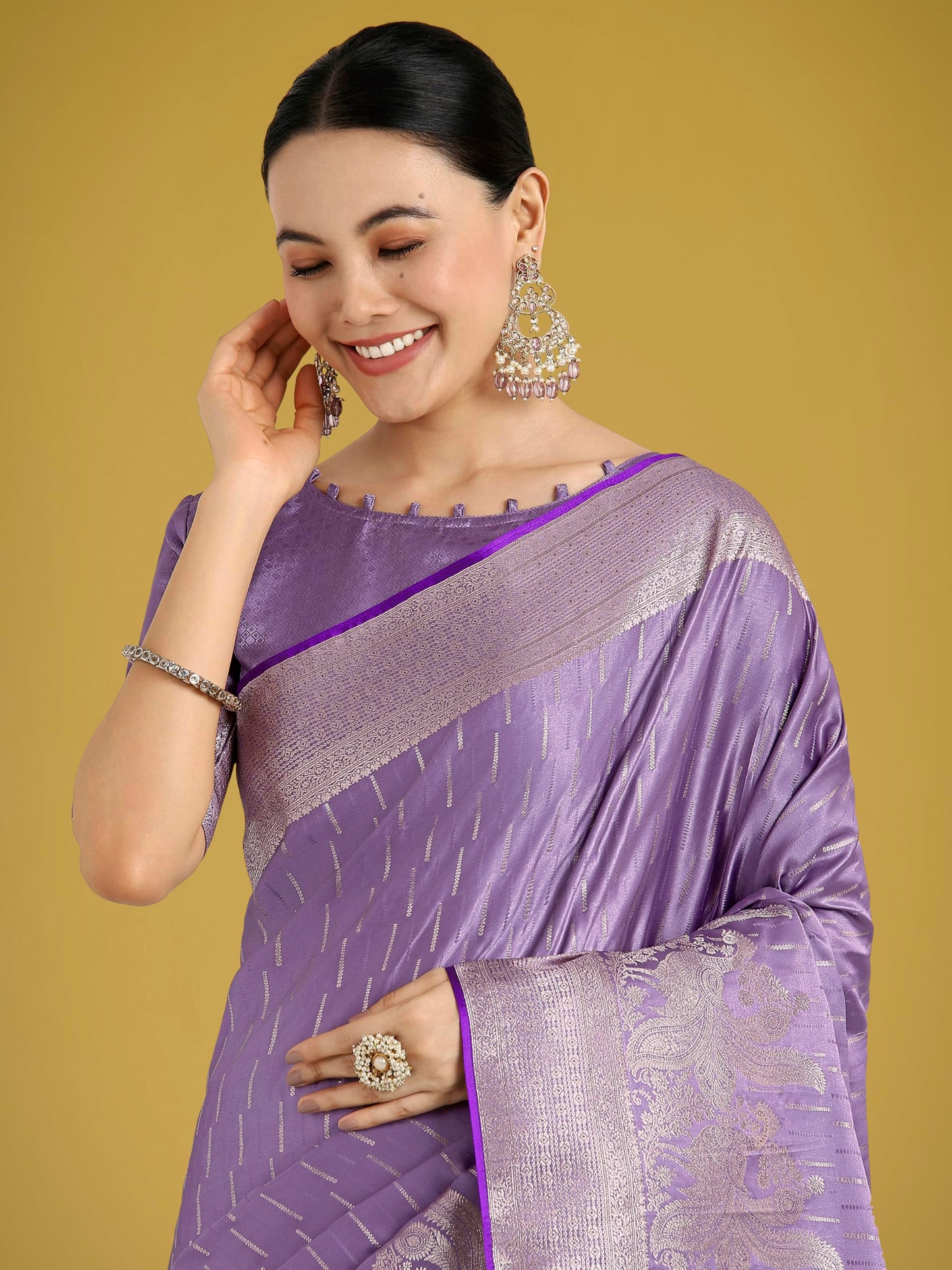 Monjolika Fashion Women Divine Dusty Lavender Zari Weaving Banarasi Satin Silk Trendy Saree For Festival Wear With Bewitching Blouse Piece (13300_Color) (Dusty Lavender)