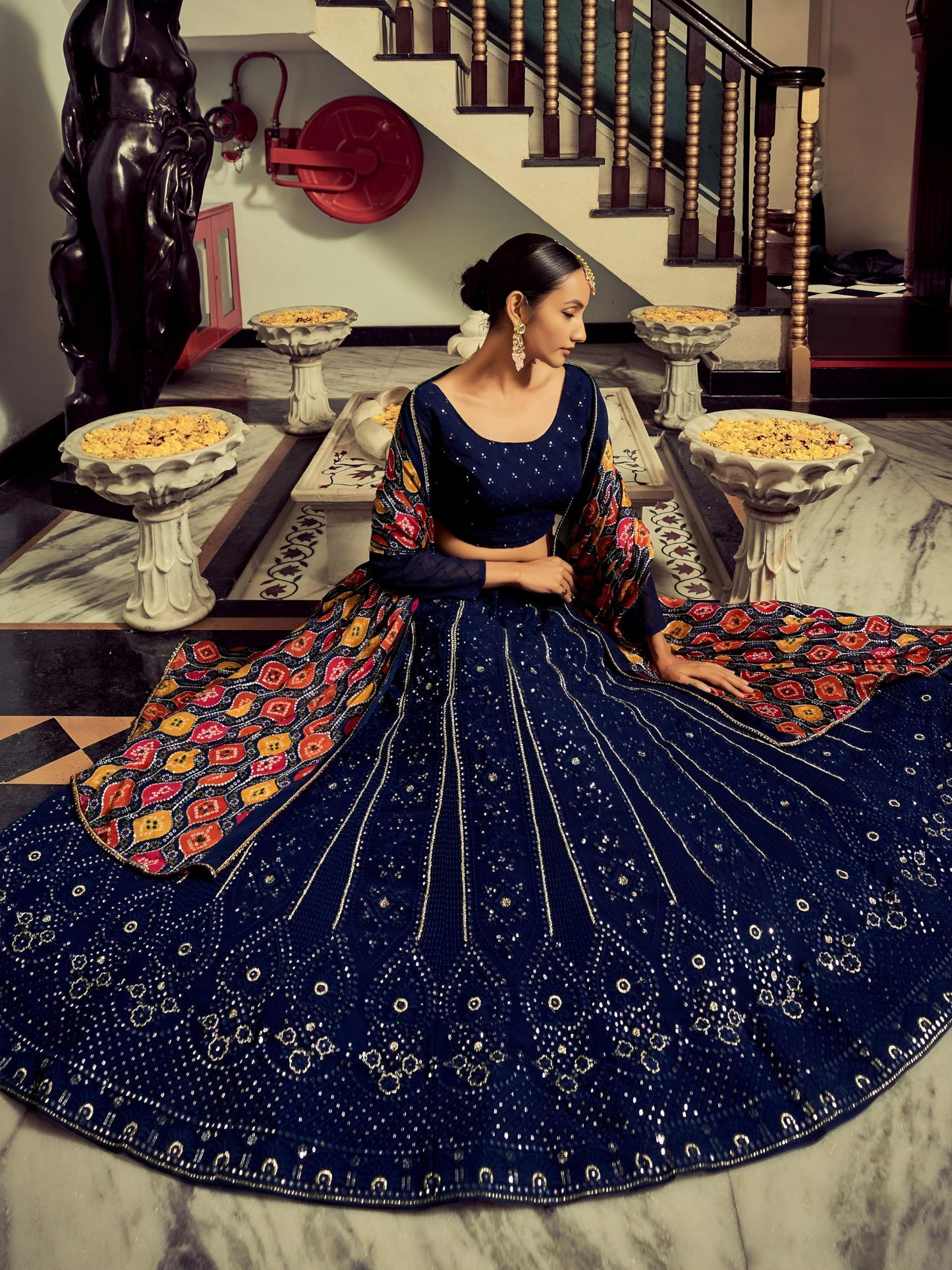 Zeel Clothing Women's Sequins Thread Embroidered Georgette Lehenga Choli With Dupatta (6005-Navy-Blue-Women-Lehenga-Choli-New; Free Size)(Navy-Blue)