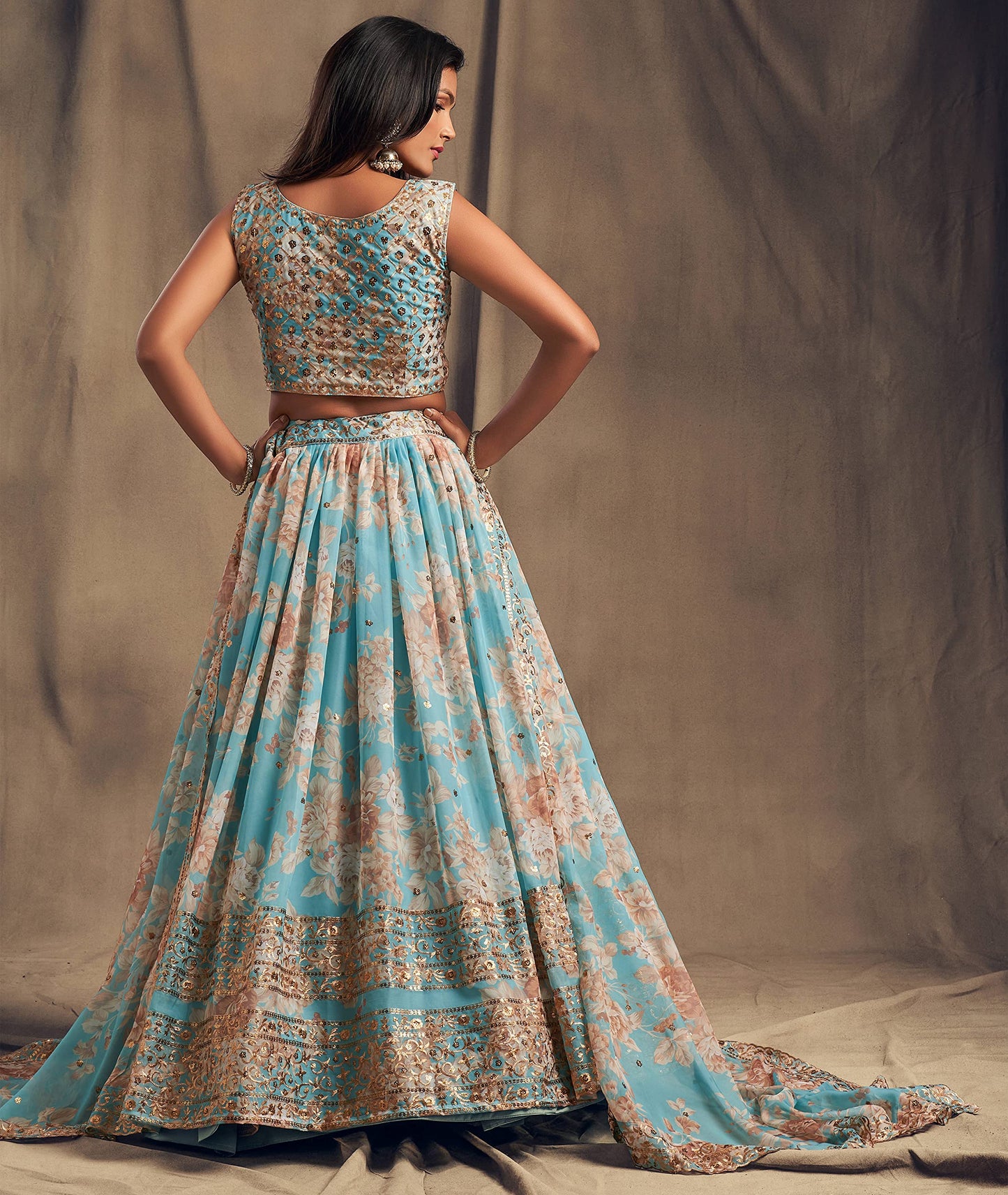 Zeel Clothing Women's Organza Floral White Semi-Stitched Lehenga Choli (7619-SkyBlue-Wedding-Floral-Lehenga-New, Sky Blue)