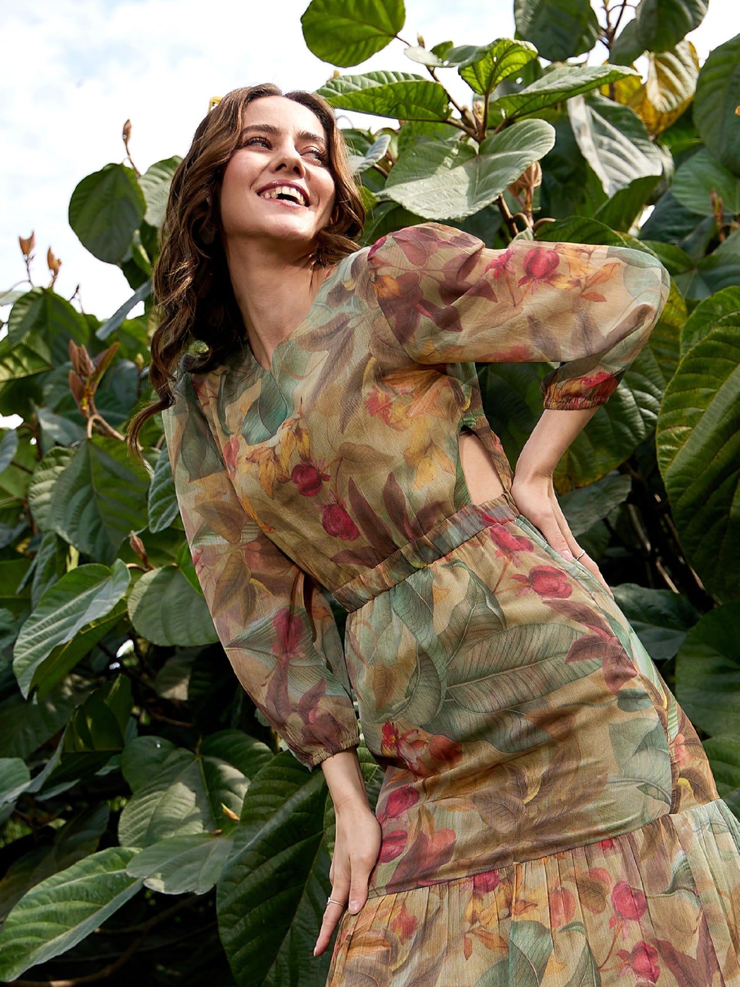 SASSAFRAS Women's Chiffon Maxi Length Dress (SFDRSS11172_Green_L)