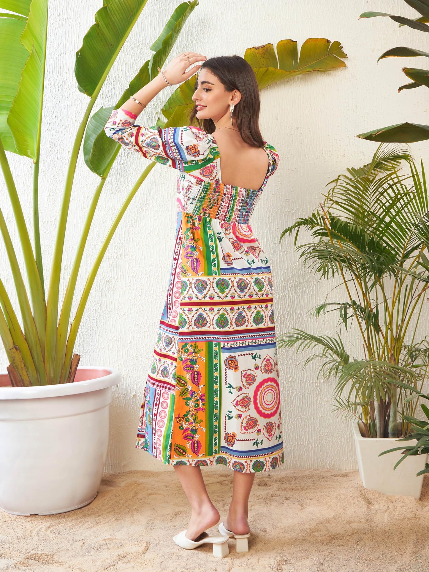 SASSAFRAS Women's Poplin Below Knee Midi Dress (SFDRSS11992_Multi_M) Multicolour