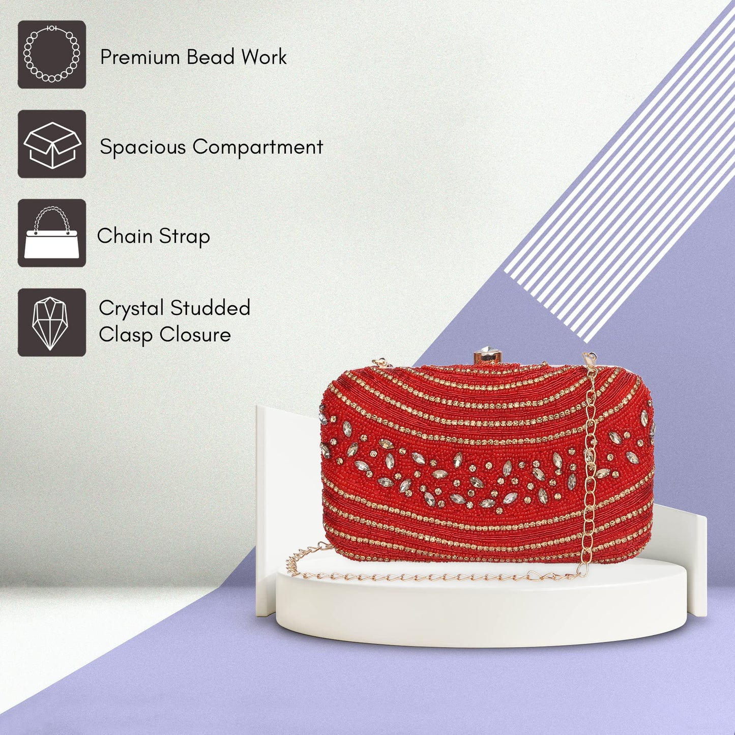 The Clownfish Emerald Collection Womens Party Clutch Ladies Wallet Evening Bag with Fashionable Round Corners Beads Work Floral Design (Red)