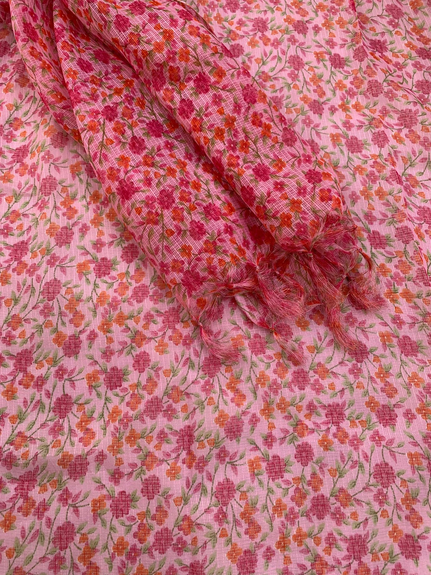 AKSHADEEP Rajasthani Women's Poly Winter Pink Floral Print Kota Doria Checkered Dupatta