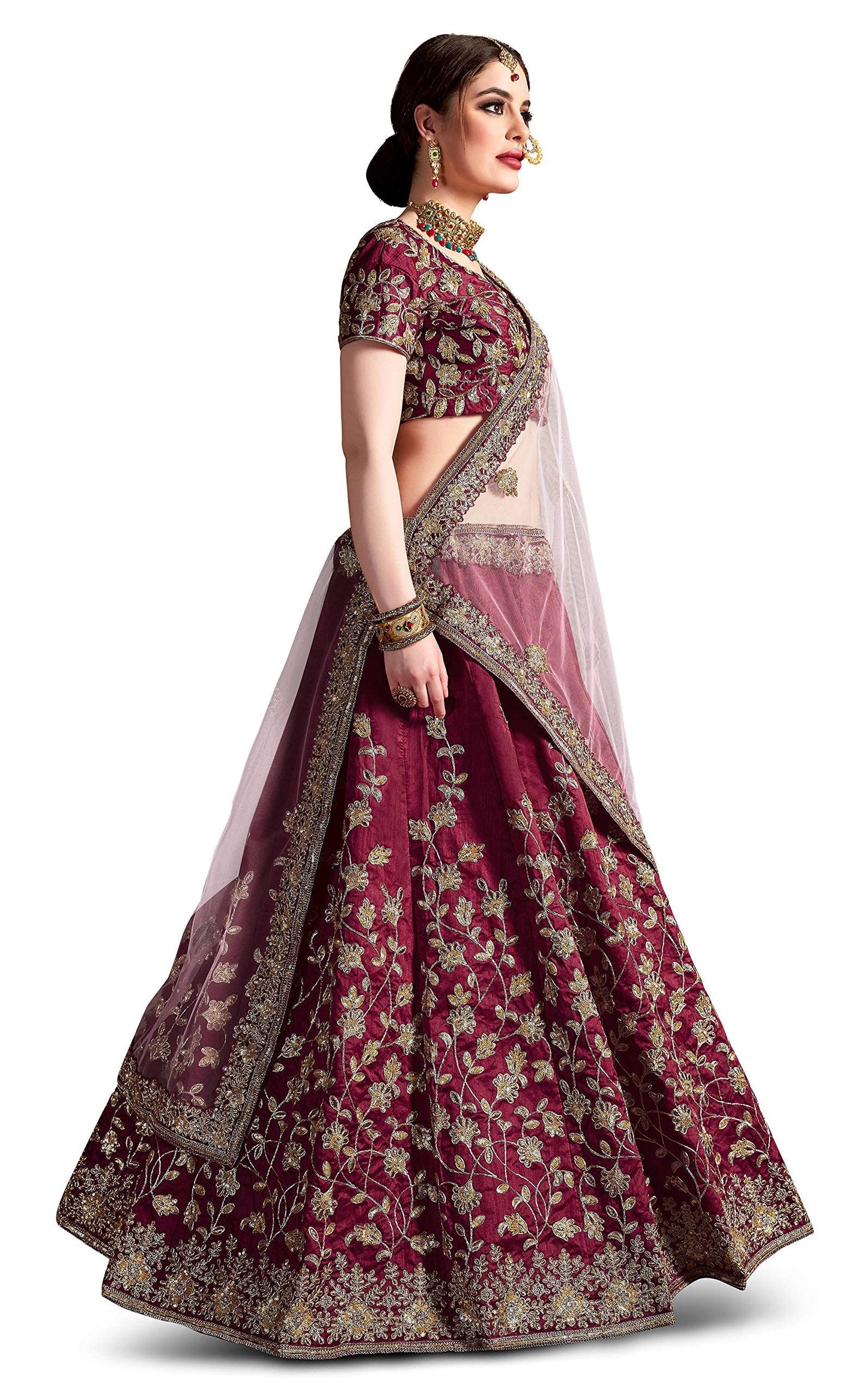 Zeel Clothing Women's Embroidered Raw Silk Semi-Stitched Lehenga Choli With Dupatta(7011-Red-New-Bridal-Wedding Maroon, Free Size)