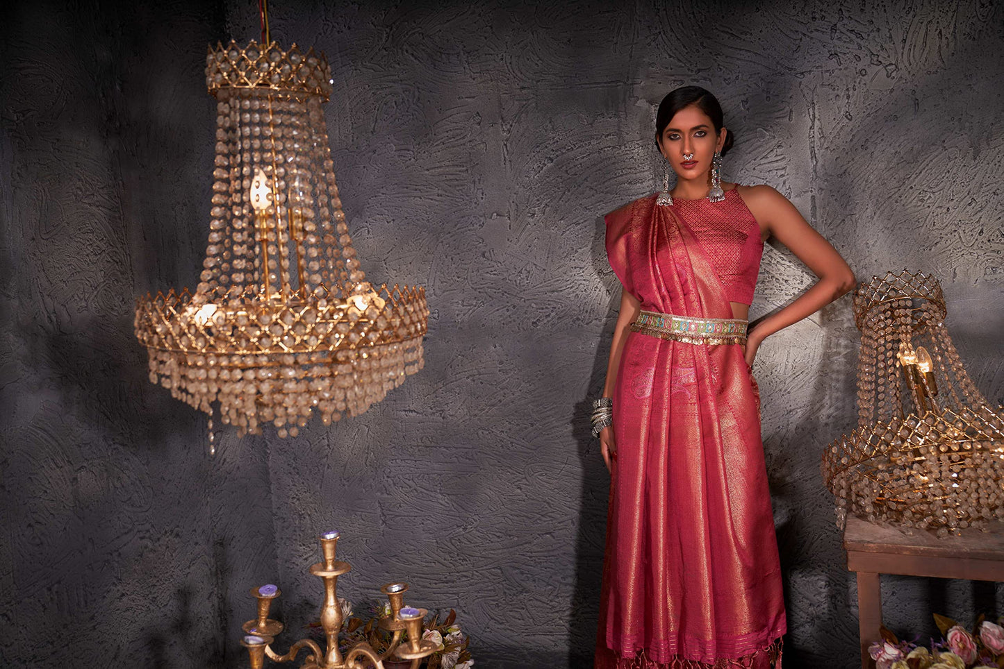 Vardha Women's Kanchipuram Art Silk Saree with Unstitched Blouse Piece - Gold Copper Silver Zari Woven Work Sarees (Ayana Silk_537)