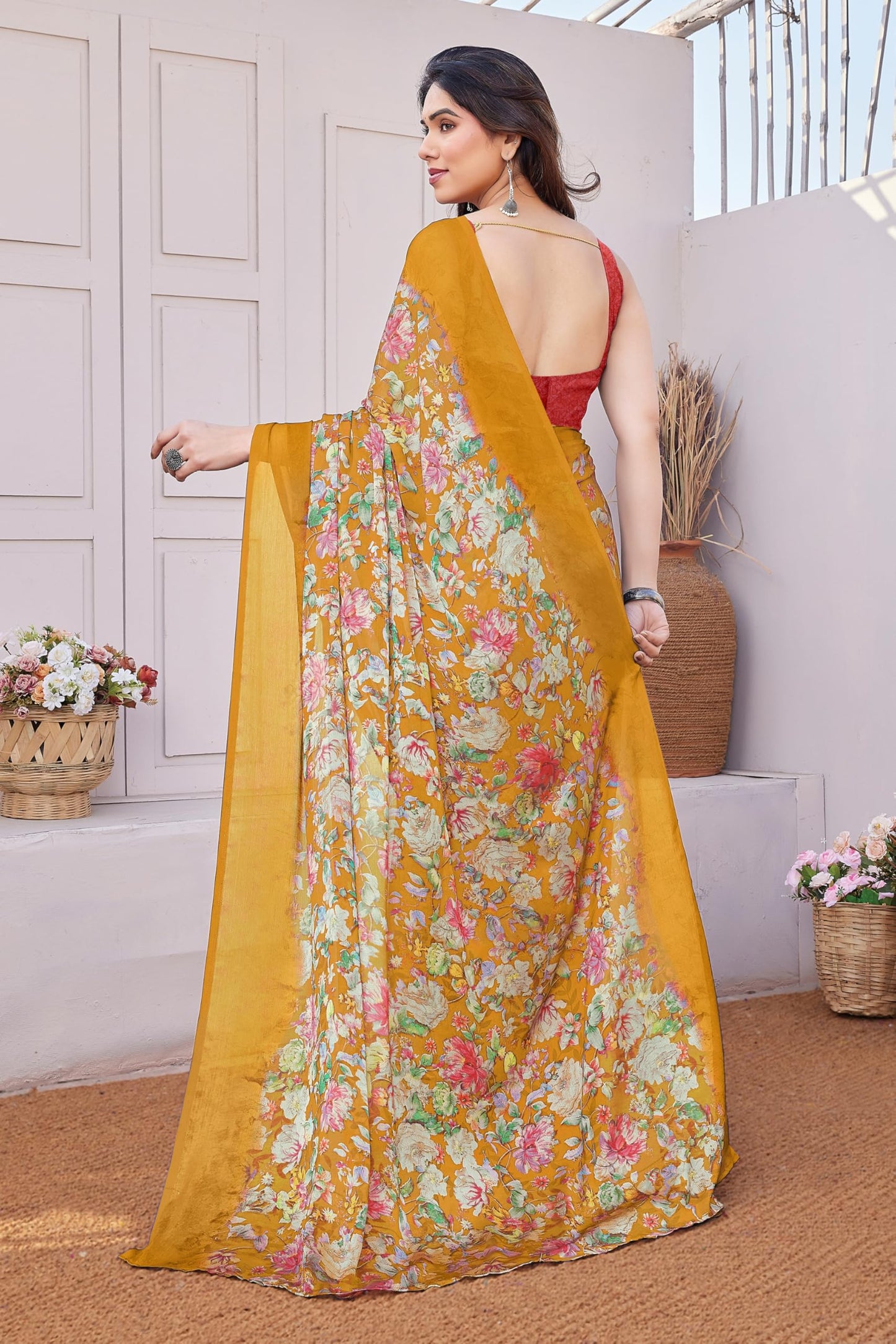 MIRCHI FASHION Women's Chiffon Floral Printed Saree with Blouse Piece (60424 - Rust Orange, Multicolor)