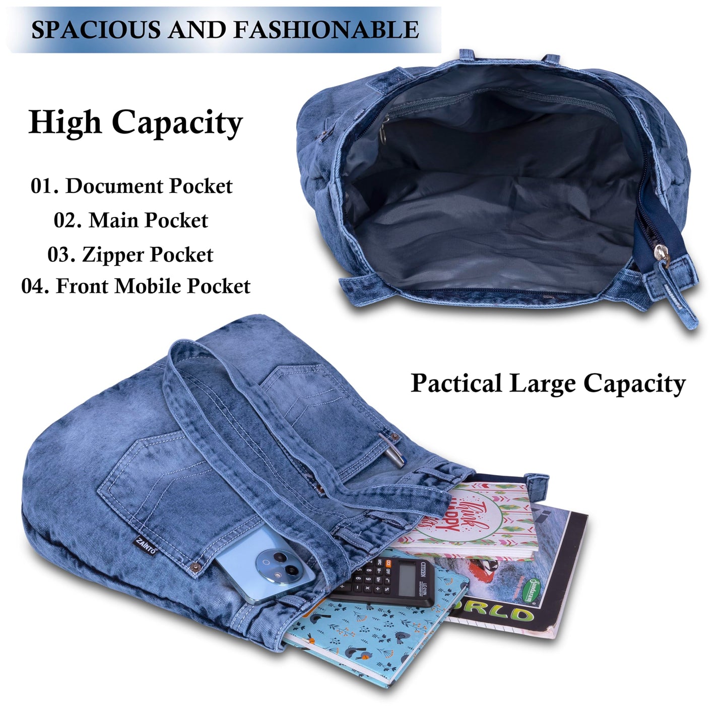 ZAINTO® Women's Denim Tote Bag with Zip Closure | Stylish, Spacious & Durable Shoulder Bag for College, Work & Travel | Eco-Friendly, (Jeans back packet style lightblue)