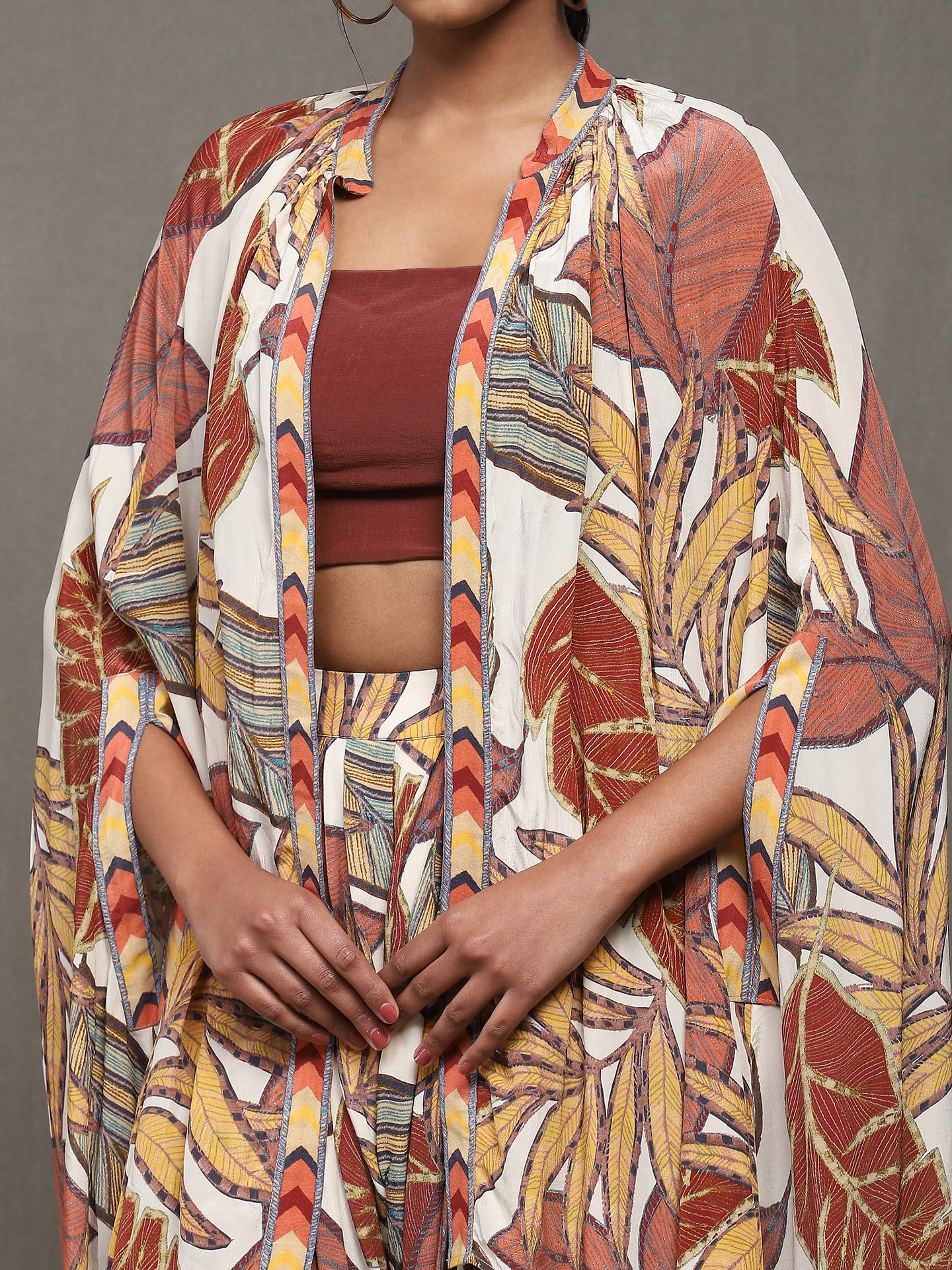 Ritu Kumar Off White Printed Top With Shrug And Palazzo Co-Ord Set