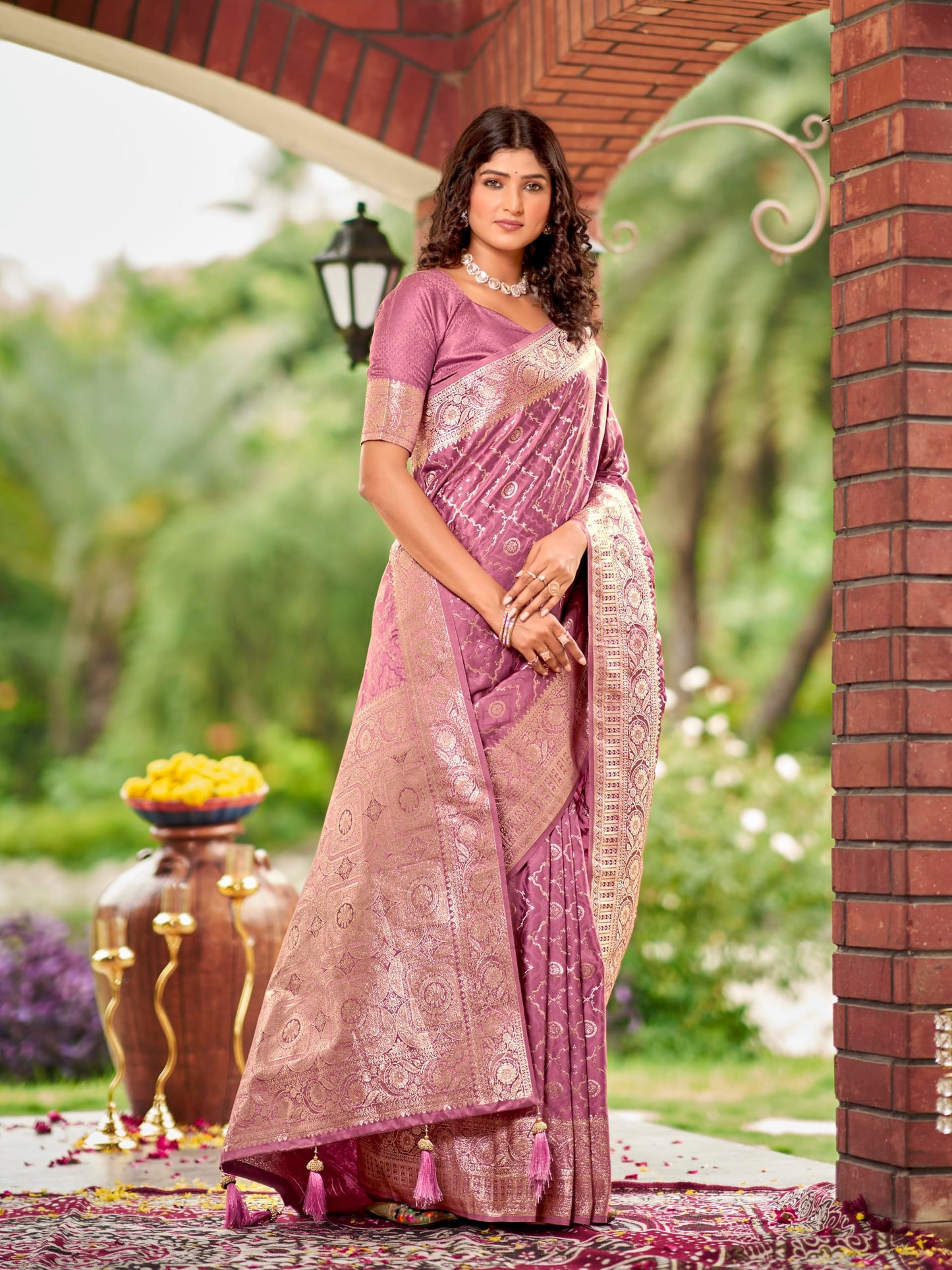MANOHARI Women's Most Trendy Banarasi Satin Silk Woven Rose Pink Saree With Heavy Jacquard Work Saree With Blouse Piece_MN2030