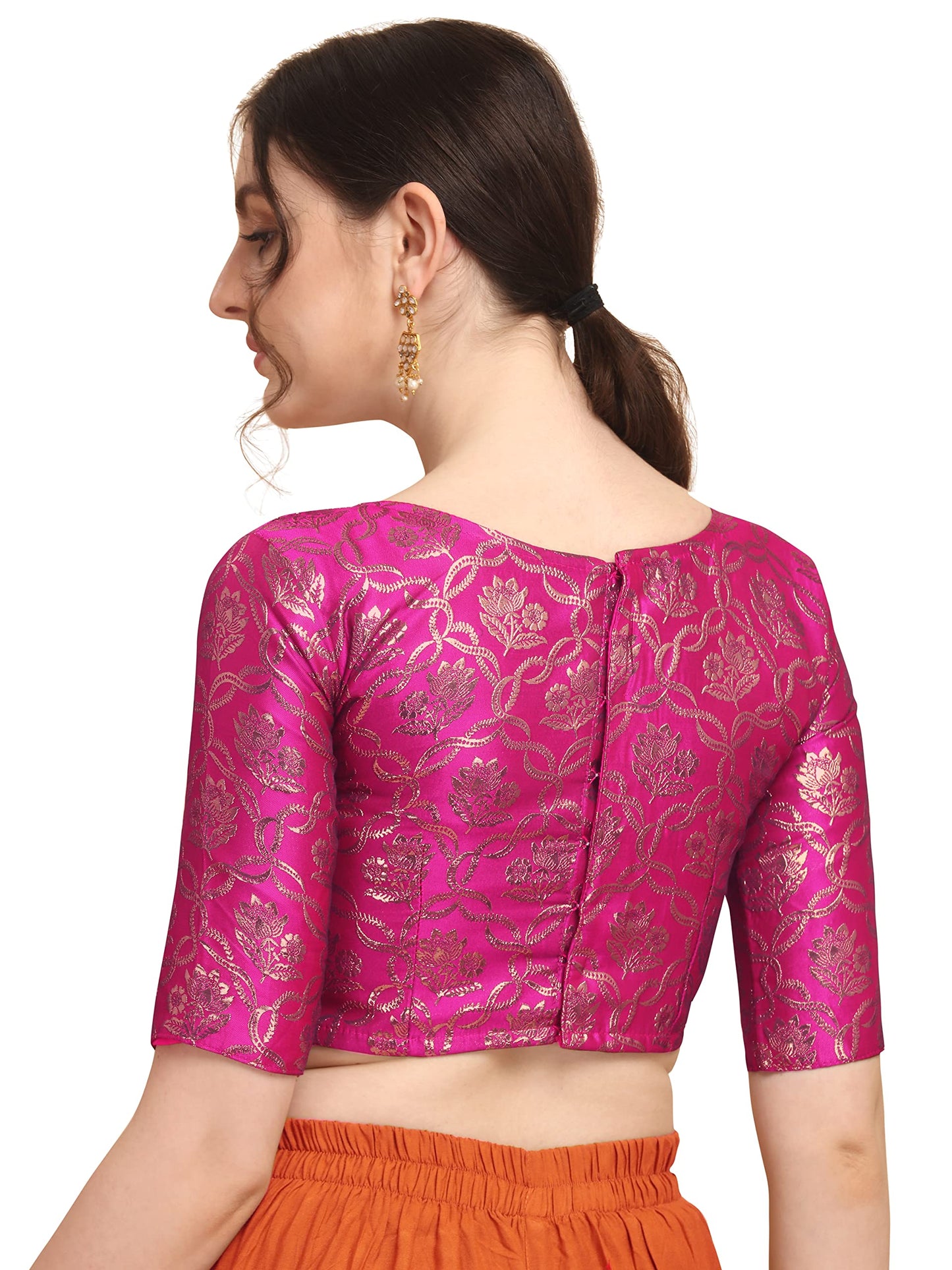 OOMPH! Women's Indian Ethnic Wear Designer Twist Leaf Pattern Zari Work Boat Neck Half Sleeve Pink Color Jacquard Readymade Blouse for Saree or Lehnga and Fusion Twist. XXL