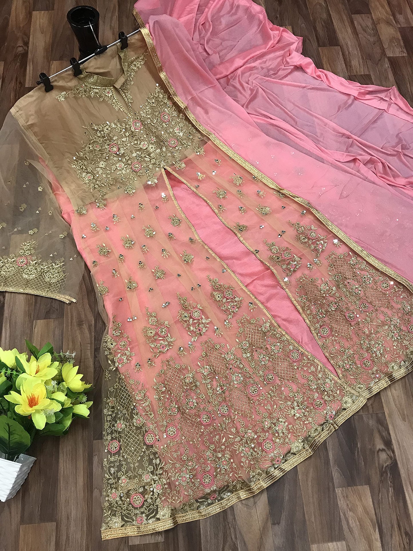 RUDRAPRAYAG Women's Net and Santoon Anarkali Floor Length Gown (5407; Gajjari; Free Size) Pink