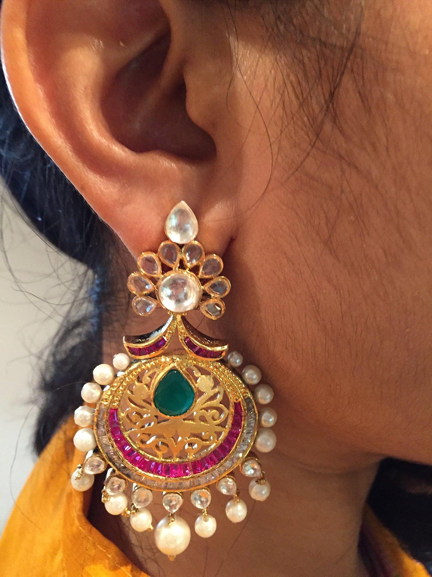 Swasti Jewels Bollywood style Colourful Pearls Chand Bali Earrings for Women