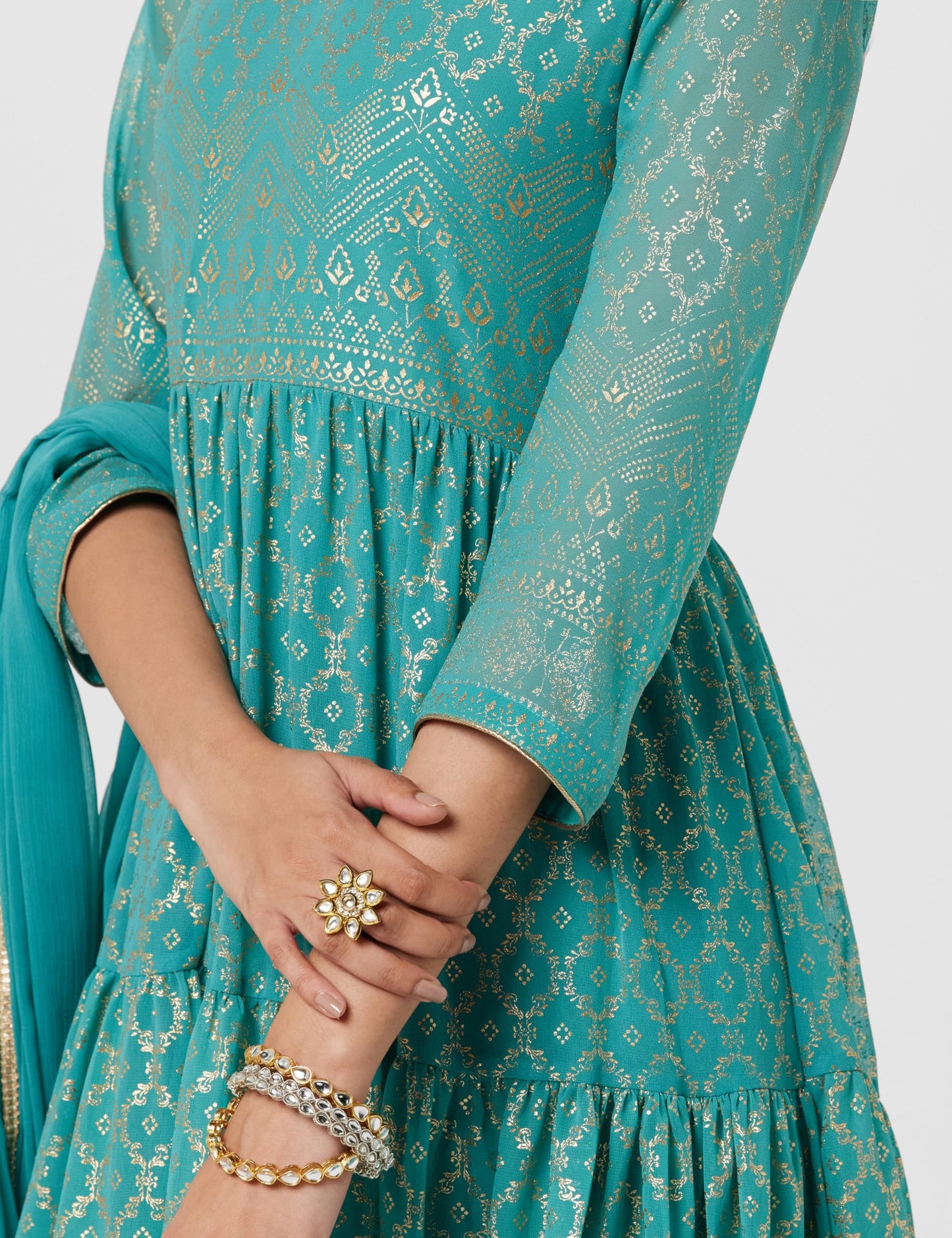 BIBA Cotton Blend Women Printed Anarkali Regular Fit Salwar Kurta Dupatta(Skdgold Mur9143_Sea Green_38)