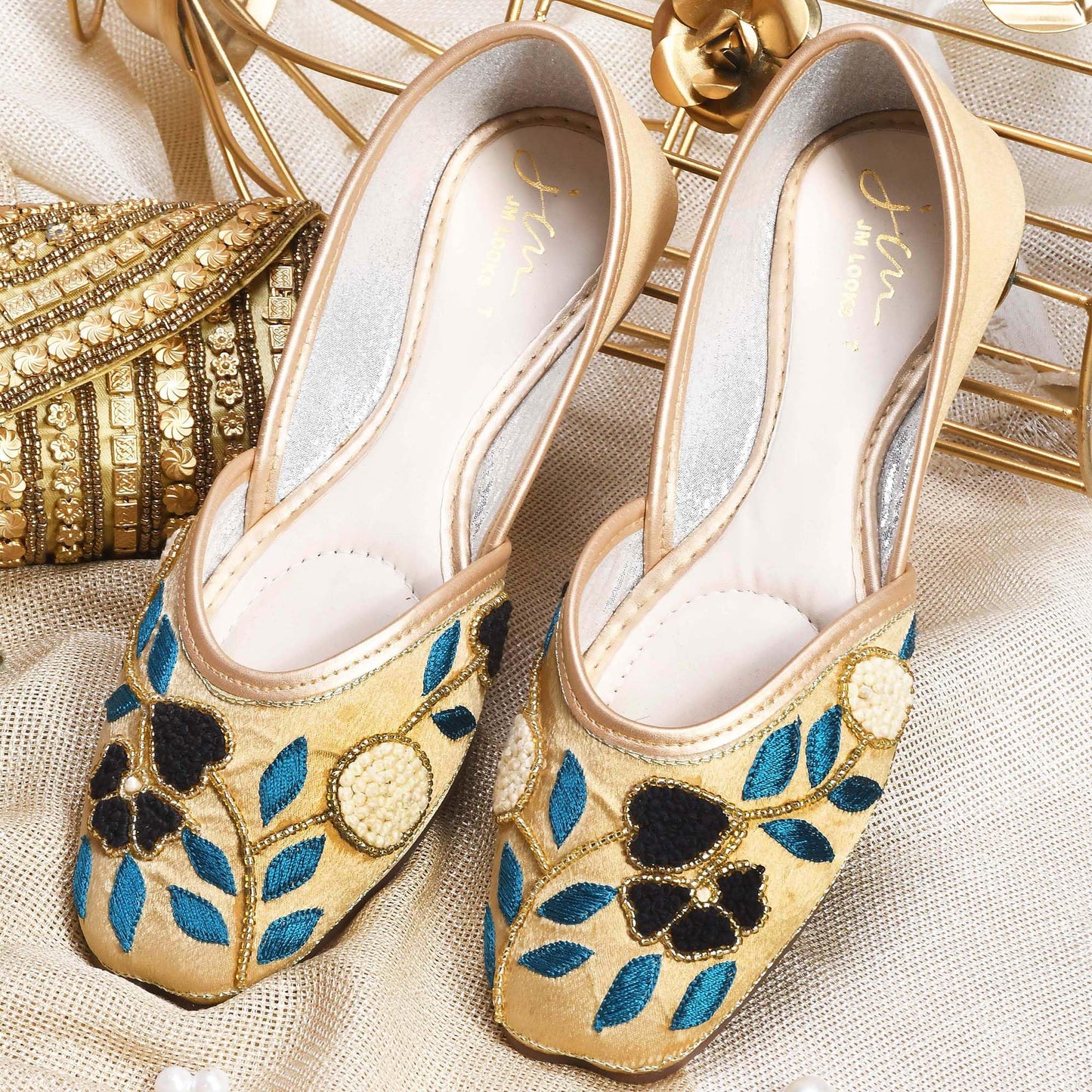 JM LOOKS Ethnic Jutti for Women Traditional Handmade Fulkari Jutti Slip-On Shoes Bellies for Women Wedding party Festival Occasion - Golden