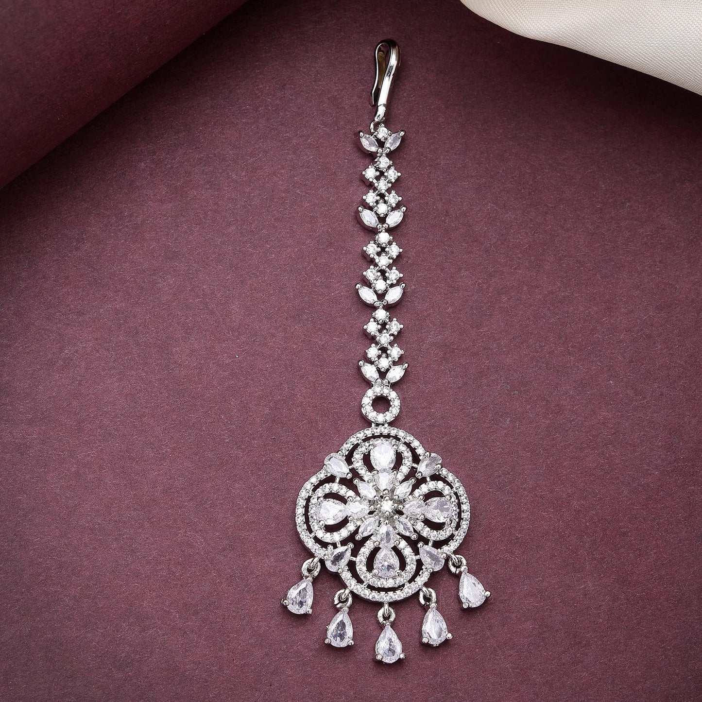 Zeneme Floral Brass Maang Tikka for Wedding Rhodium Plated American Diamond Studded Silver Toned Maang Tikka for Women & Gift For Girls (Sparkly Chandelier Maang Tikka)