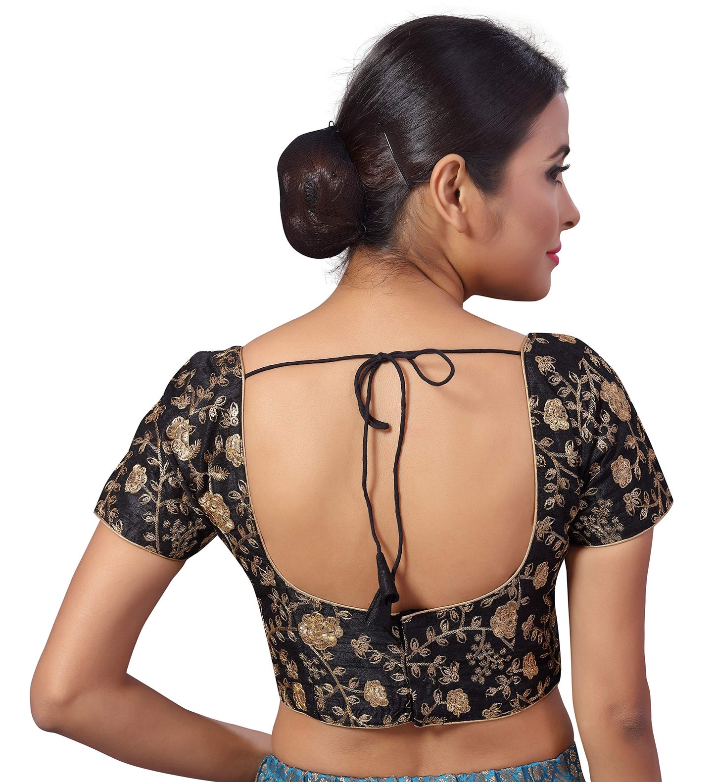 Studio Shringaar Women's Polyester Readymade Embroidered Saree Blouse with Short Sleeves (Black, 38)