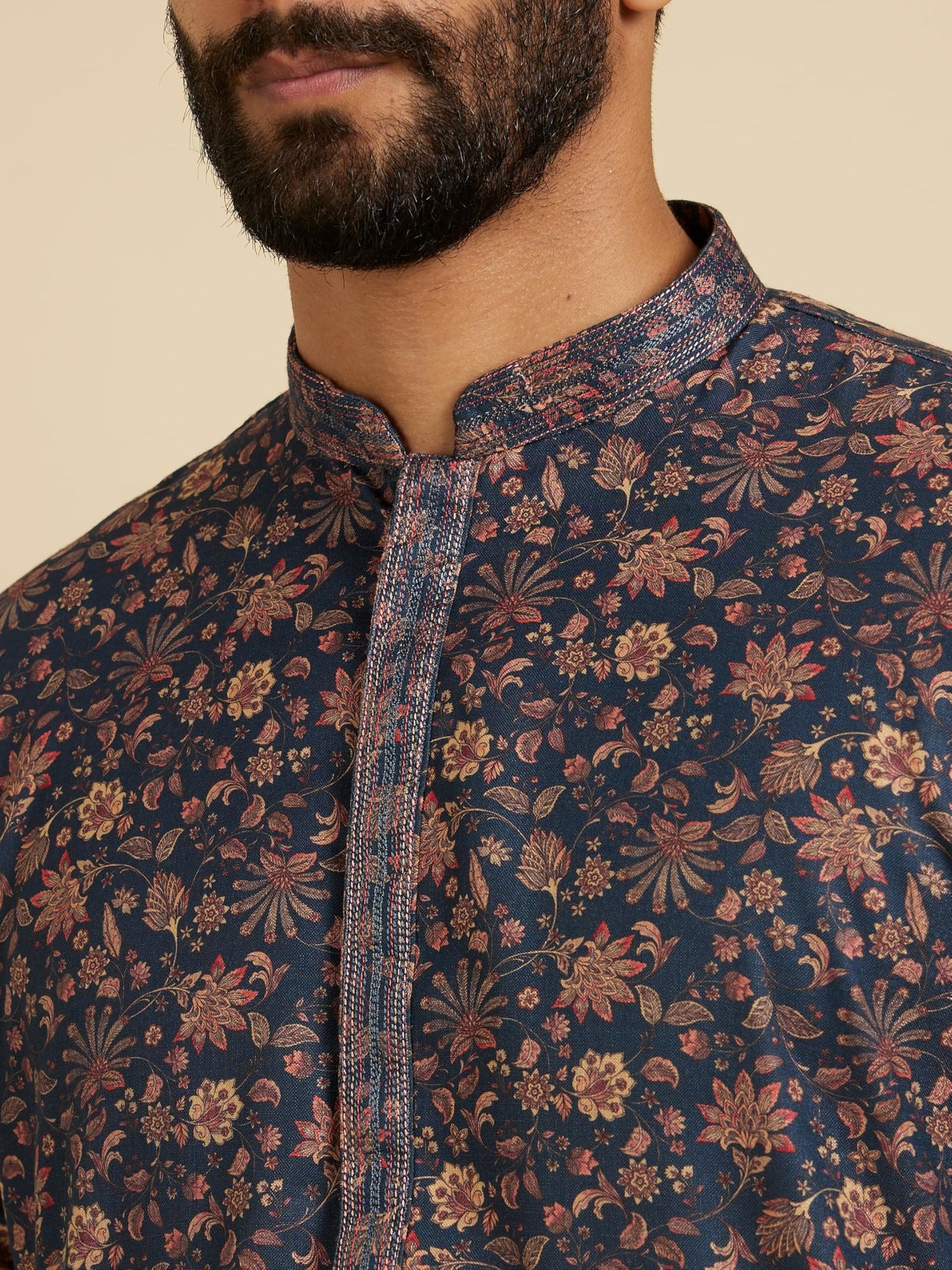 Manyavar Men's Viscose Blend Floral Print Kurta Pyjama Set (Blue,L)