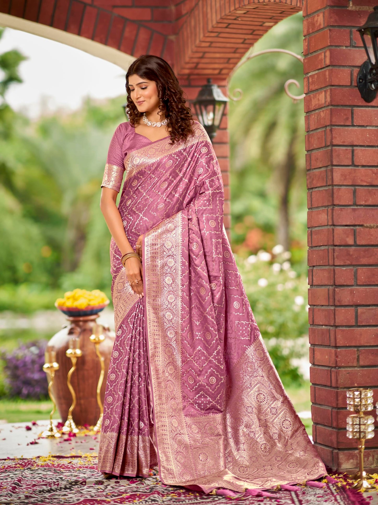 MANOHARI Women's Most Trendy Banarasi Satin Silk Woven Rose Pink Saree With Heavy Jacquard Work Saree With Blouse Piece_MN2030