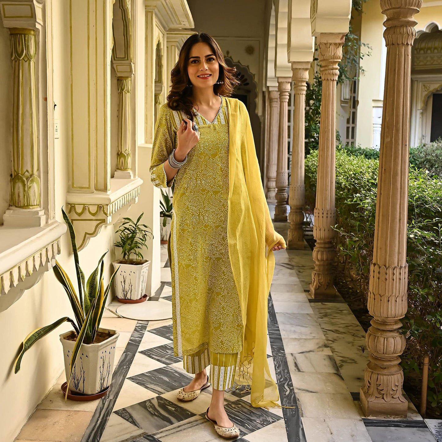 Royal Export Women's Straight Floral Printed Salwar Suit Set Mustard