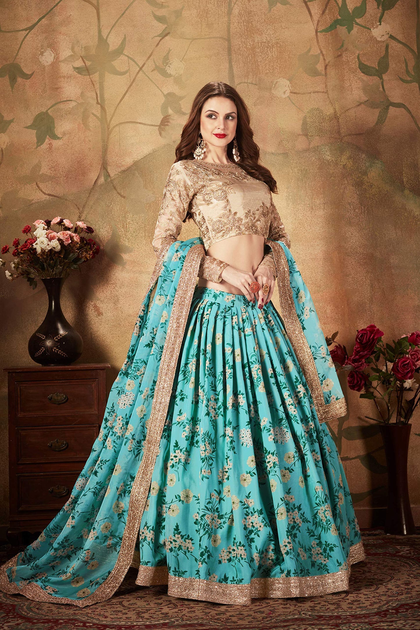 Zeel Clothing Women's Organza Dress Material Semi Stitched Lehenga Choli (7027-Blue-Wedding-Floral-Lehenga_Sky Blue_Free Size), Customizable Length