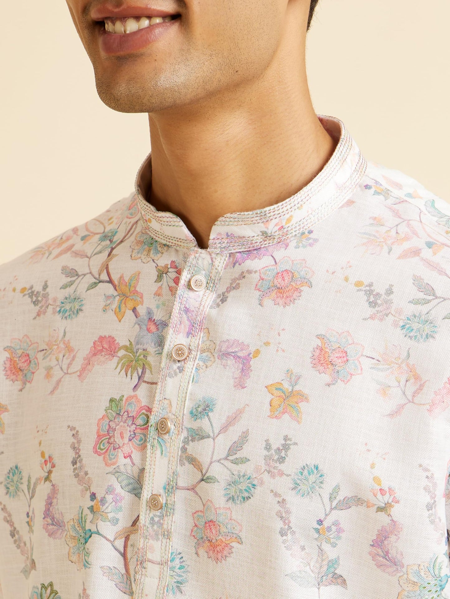 Manyavar Men's Cotton Blend Printed Short Kurta (Warm White,M)