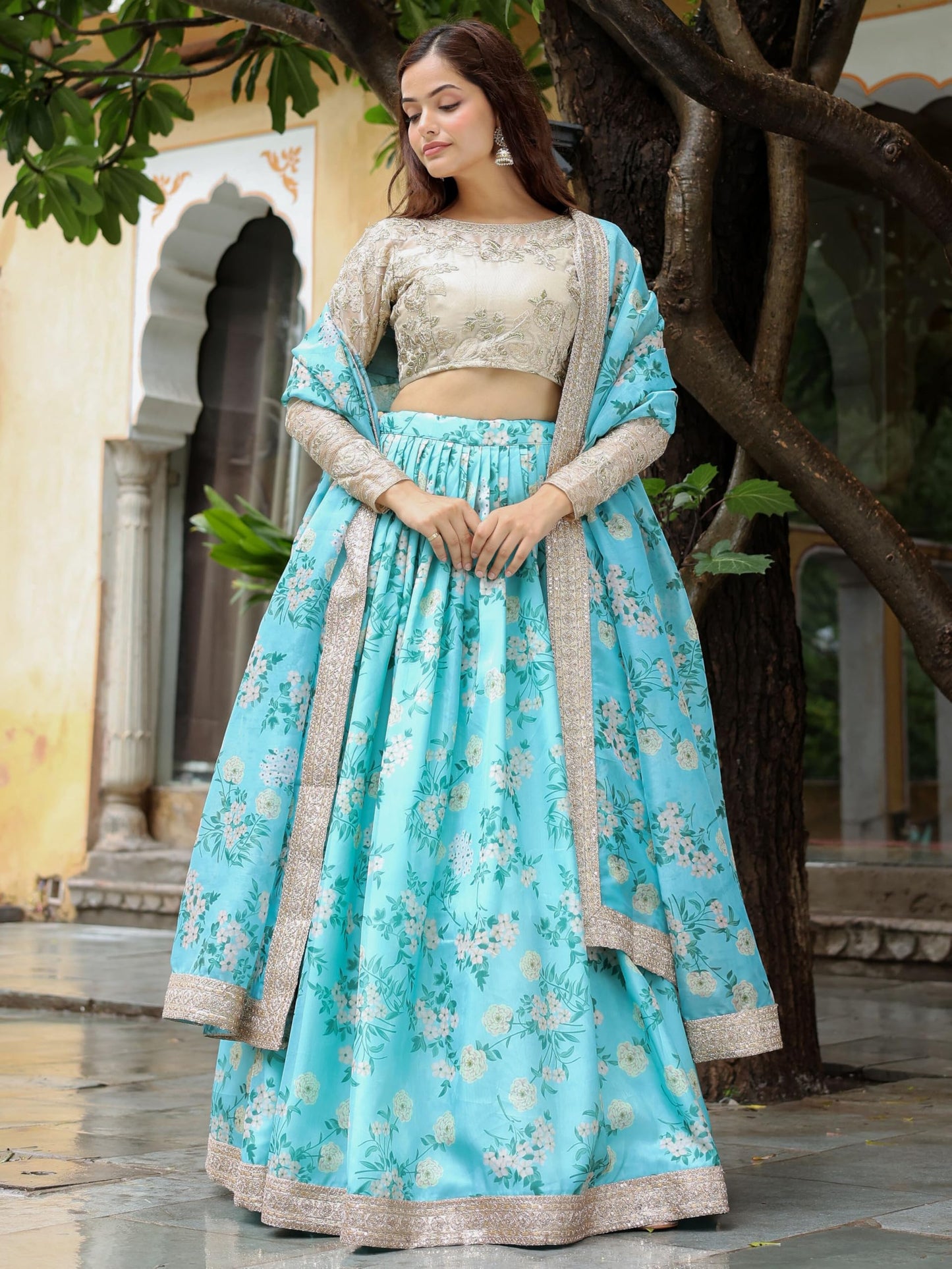 Zeel Clothing Women's Digital Print & Dori, Zari, and Sequins Embroidery Work Organza Lehenga Choli With Dupatta (7606-SkyBlue-Wedding-Women-Lehenga-Choli, Free Size) (SkyBlue)