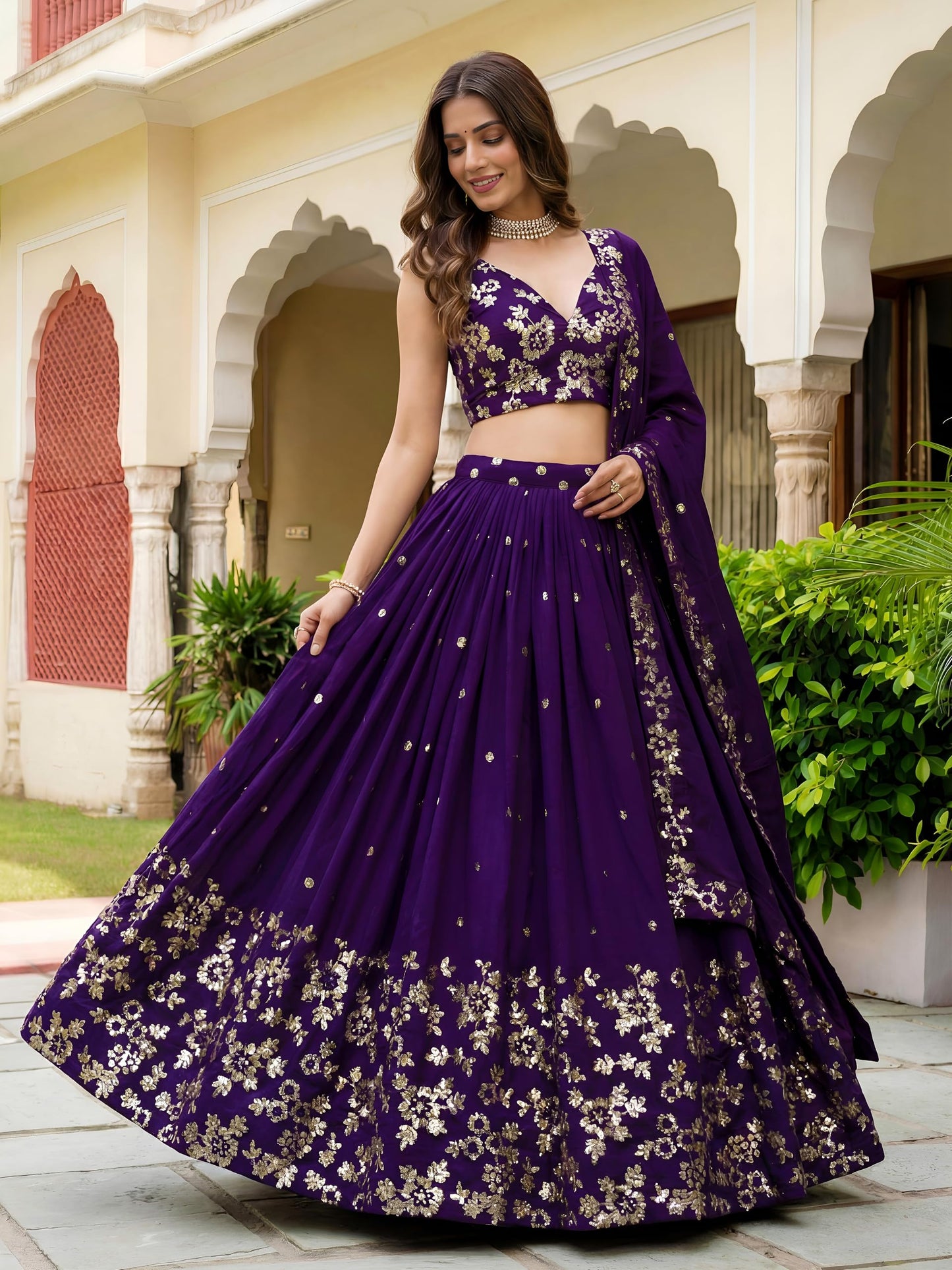 Zeel Clothing Women's Sequins and Thread Embroidered Work Georgette Lehenga Choli With Dupatta (6015-Purple-Women-Lehenga-Choli-Latest; Free size)